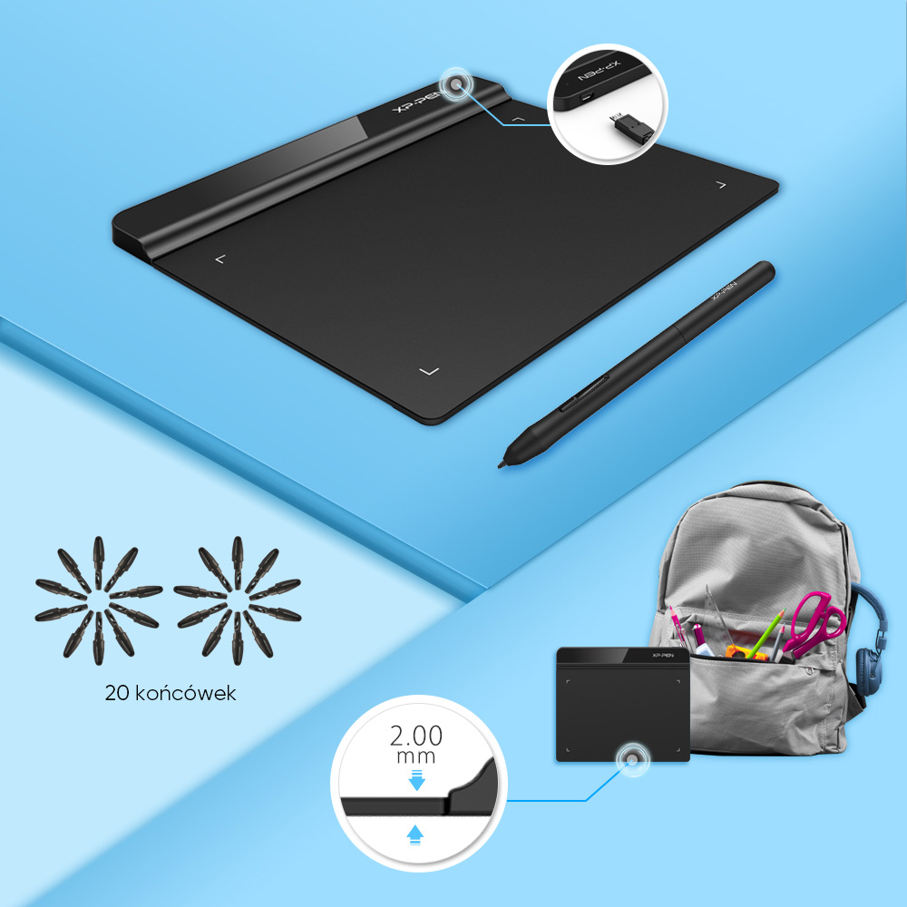 Tablet XP-Pen z akcesoriami: pióro, końcówki pióra i plecak z akcesoriami.