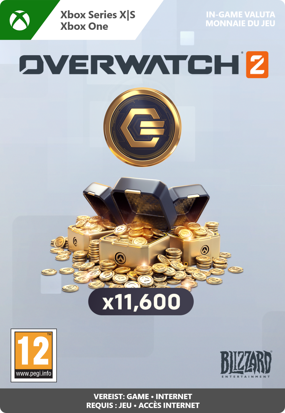 Overwatch 2 gamecover. Gouden munten omringen schatkisten. Het Overwatch 2-logo staat bovenaan.
