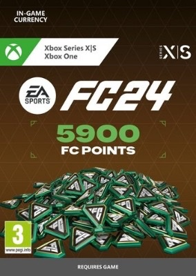 FC24 game card with 5900 FC Points. Green and white tokens are in front of a brown background.