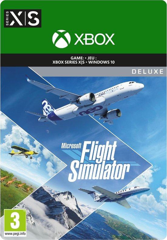 Microsoft Flight Simulator gamebox. Vliegtuigen over landschappen. Xbox logo bovenaan.