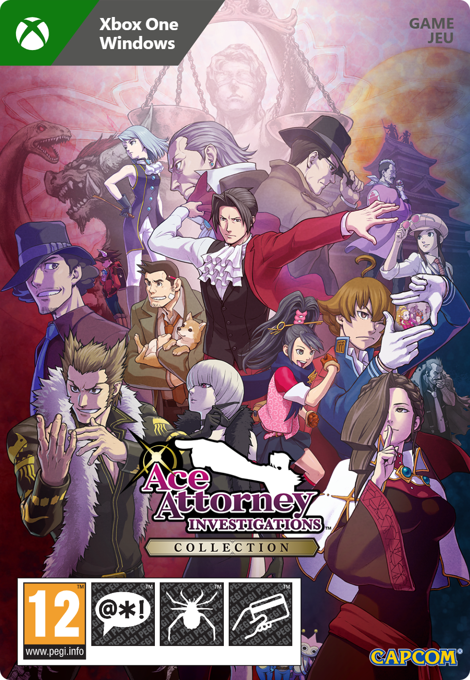 Ace Attorney Investigations Collection gamebox art. Meerdere karakters in een rechtszaal.