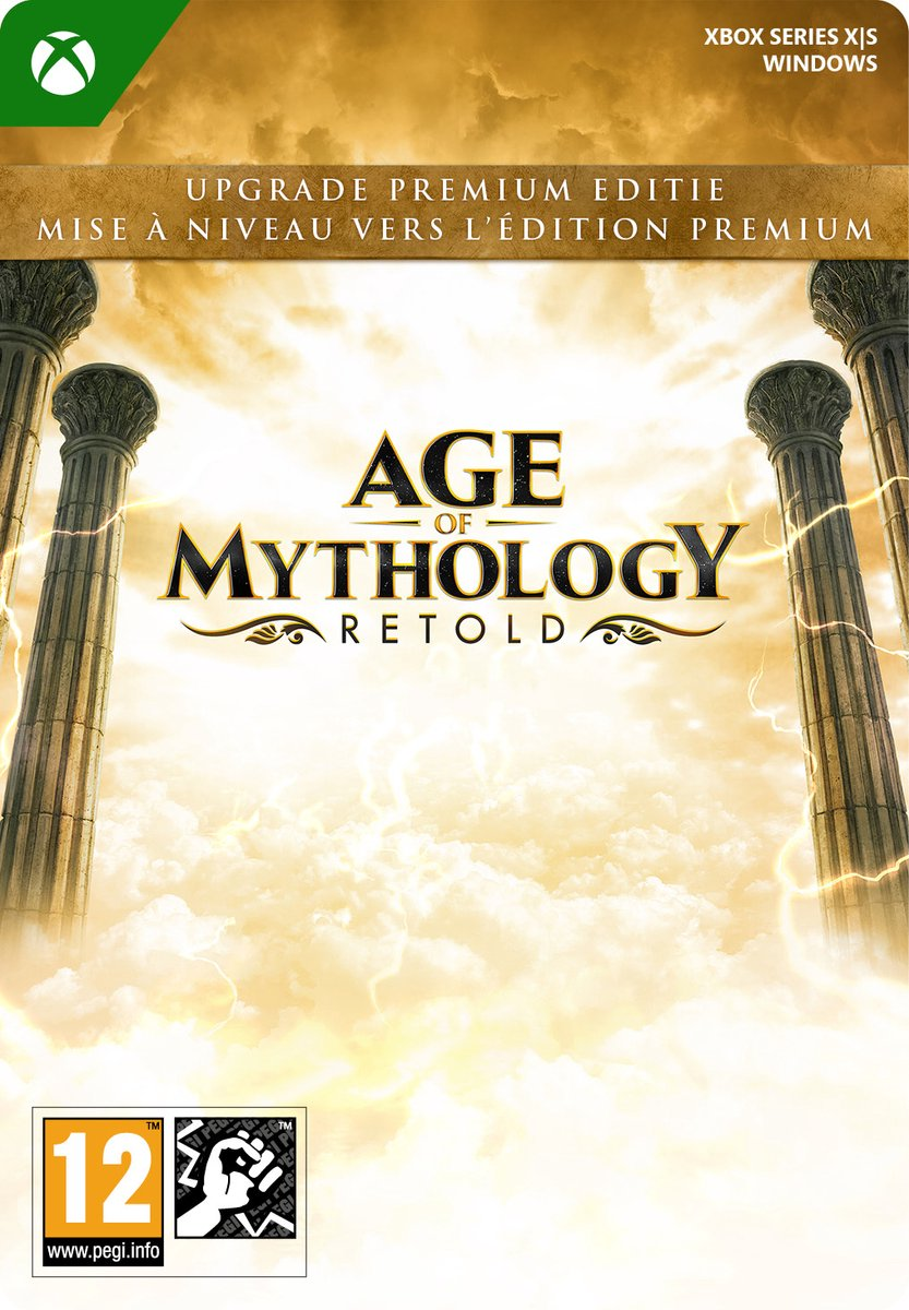 Age of Mythology Retold, pilaren, lucht en een bliksem. Xbox Series X|S game cover.