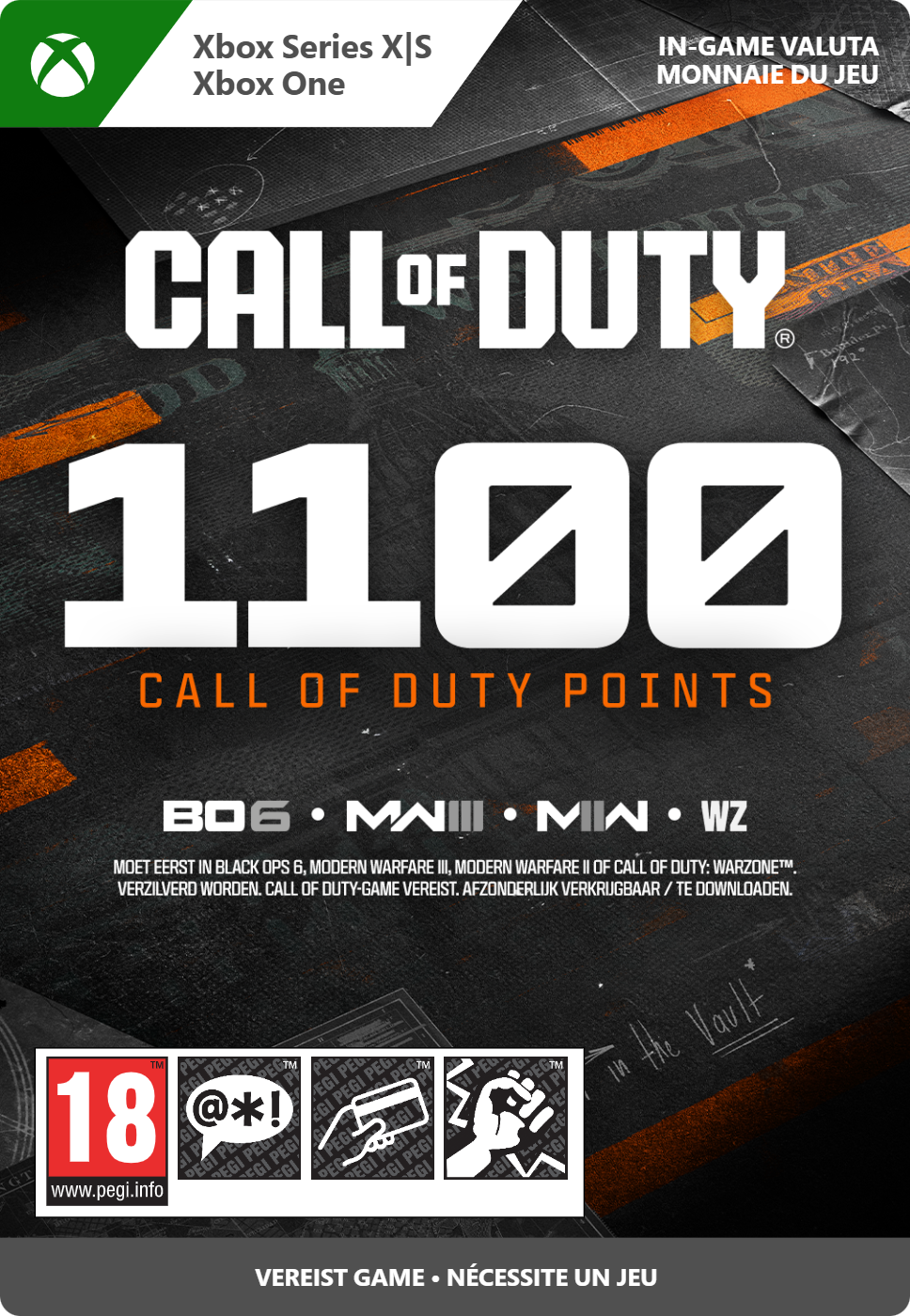 Call of Duty 1100 punten. Black Ops 6, MWIII, MWII, WZ. Game cover met donkere achtergrond.