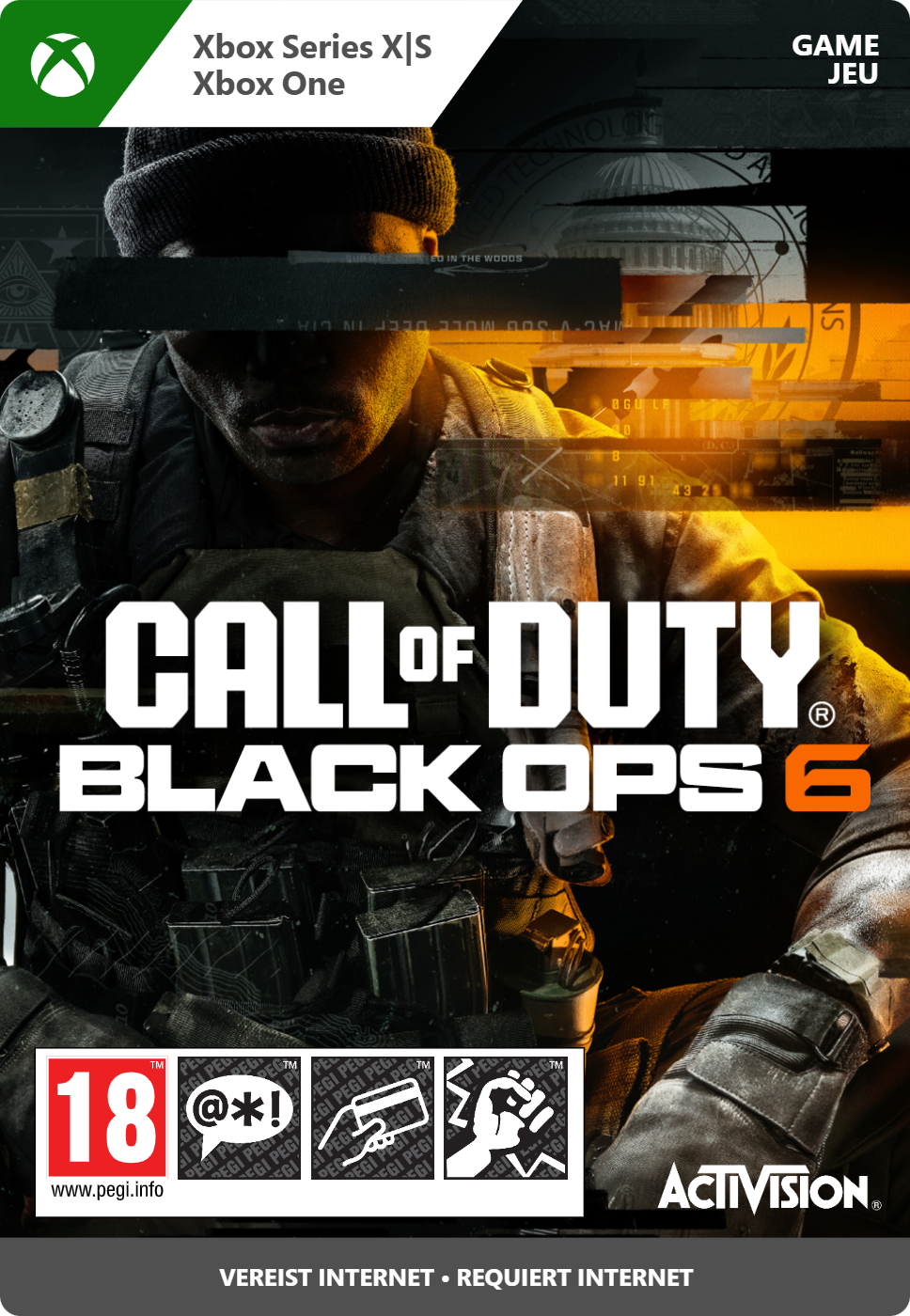 Call of Duty: Black Ops 6 game cover. Een soldaat met bedekt gezicht.