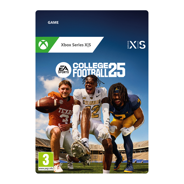 EA Sports College Football 25-omslag toont drie spelers met een stadion en lucht op de achtergrond.