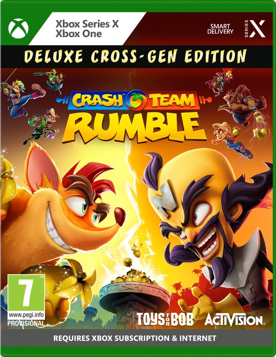 Crash Team Rumble Deluxe Cross-Gen Edition-omslag toont Crash en Neo Cortex tegenover elkaar.