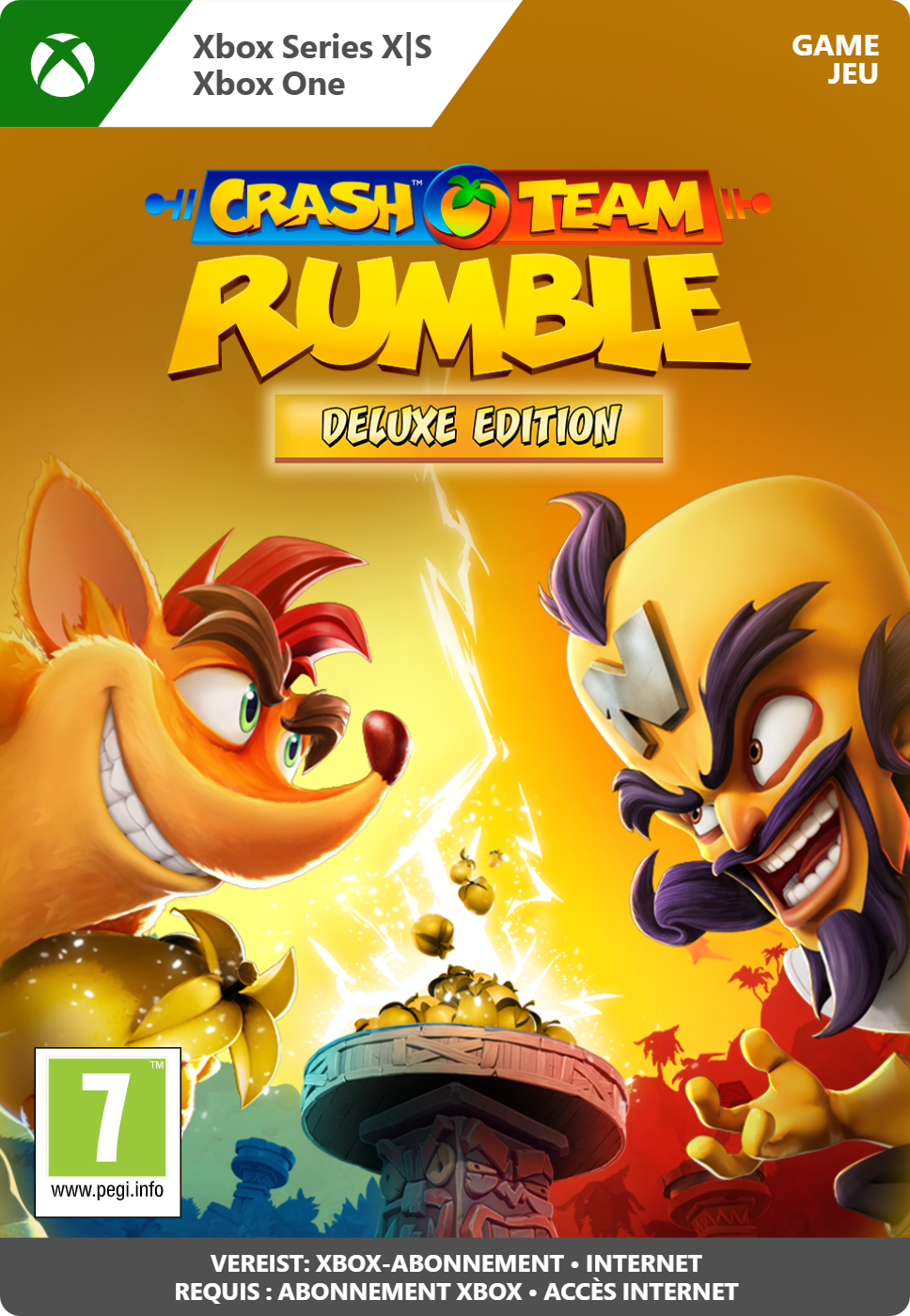 Crash Team Rumble Deluxe Edition-omslag toont Crash en Dr. Neo Cortex met een gouden achtergrond.