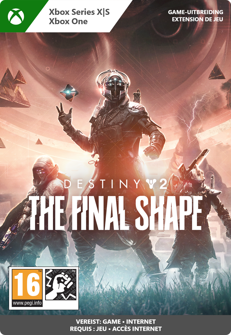 La jaquette de Destiny 2: The Final Shape présente des personnages dans un cadre de science-fiction avec un arrière-plan détaillé.