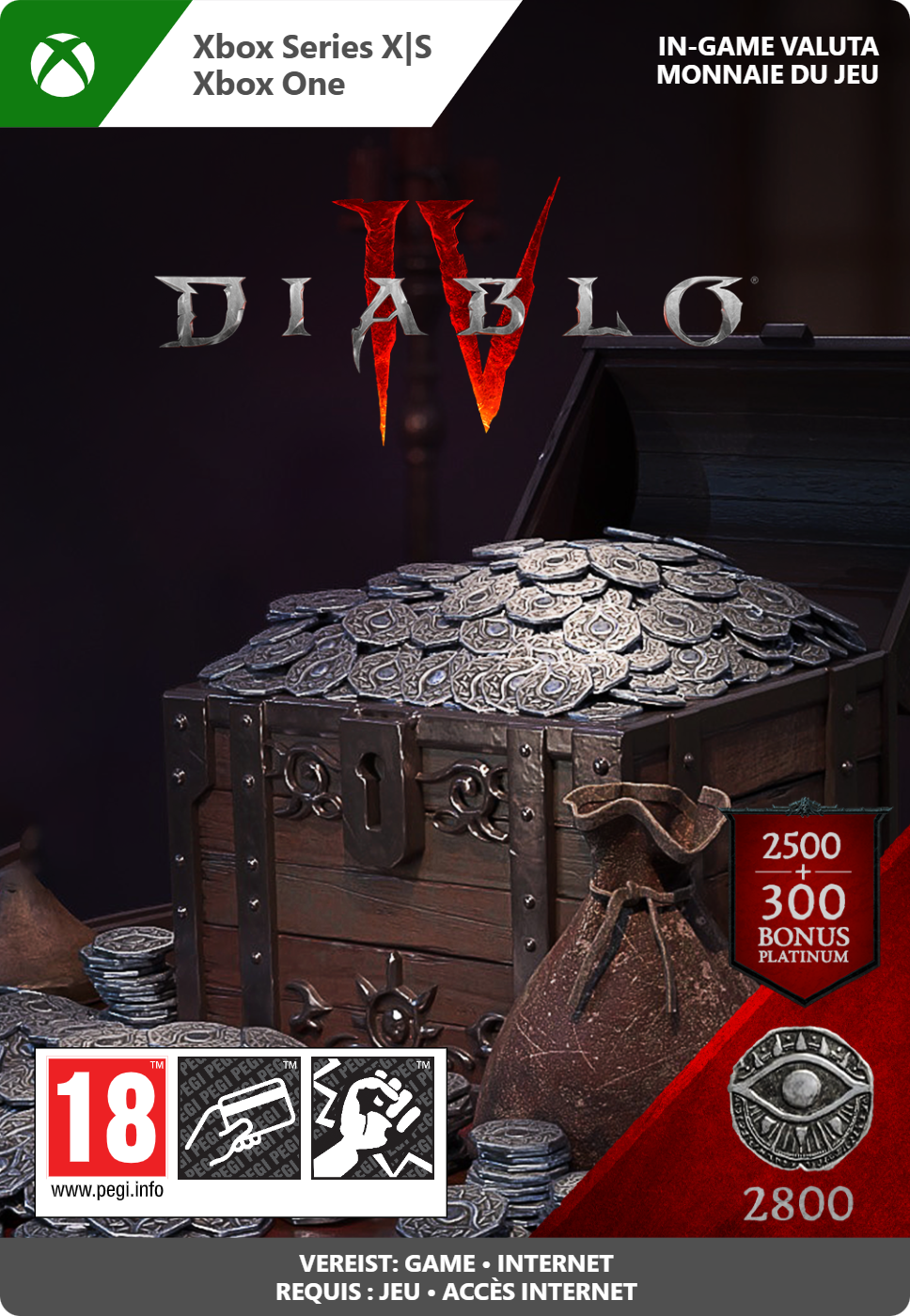 Carte de devise en jeu Diablo IV. Coffre avec pièces et un sac. 2800 pièces plus bonus.