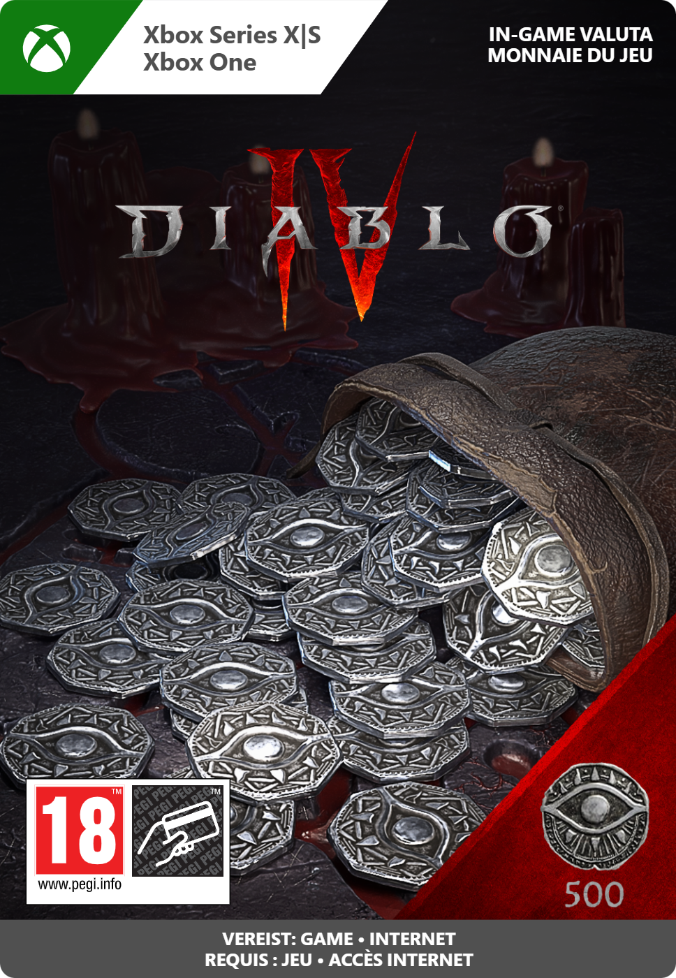 Carte de devise en jeu Diablo IV. Pièces qui se déversent d'un vase. 500 pièces.