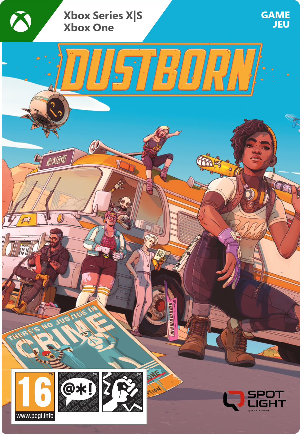 Gamecover voor Dustborn. Toont personages voor een bus. De game is voor Xbox Series X|S en Xbox One.
