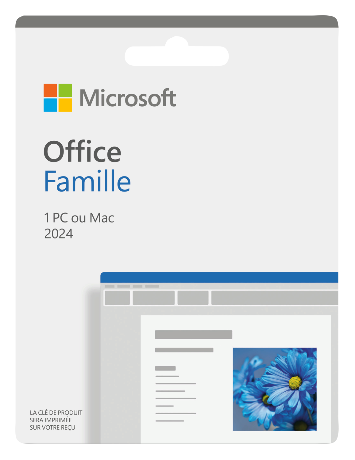 Pack Microsoft Office Famille, avec le logo Microsoft, une clé de produit et une image de fleurs bleues.