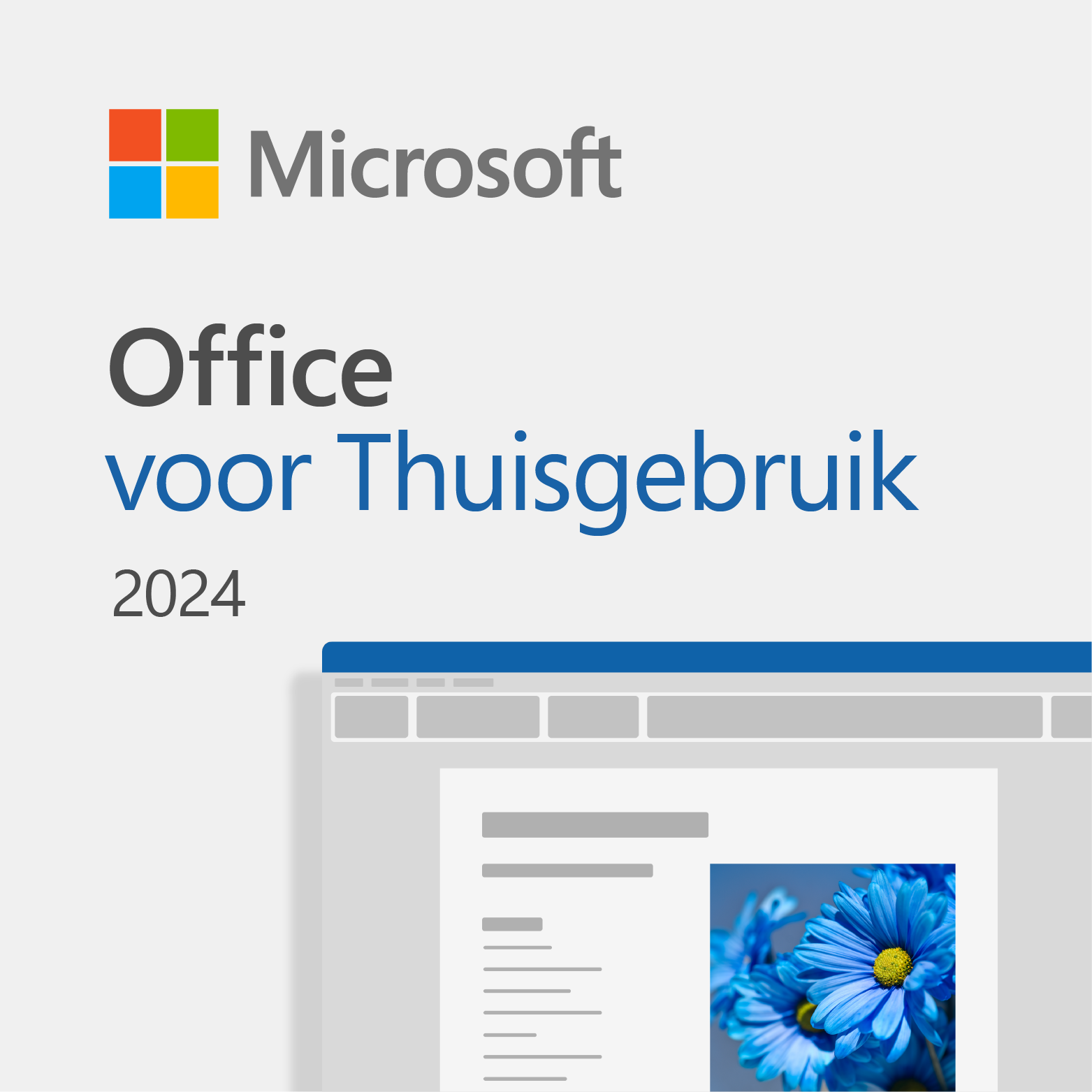 Microsoft Office voor Thuisgebruik, met het Microsoft-logo en een afbeelding van blauwe bloemen op een document.