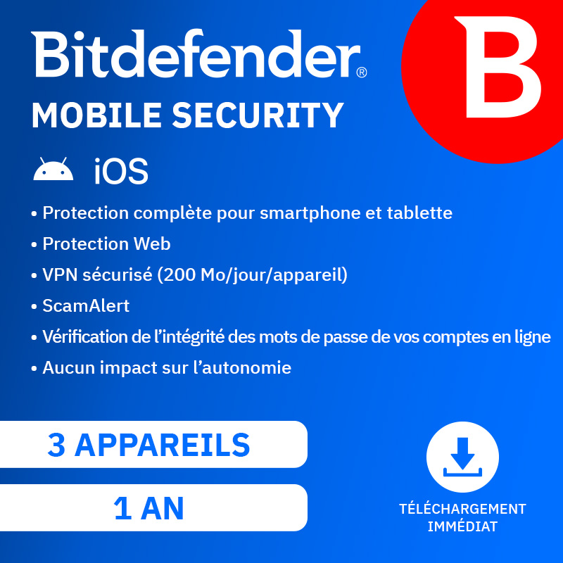 Bitdefender Mobile Security. Blauwe achtergrond met functies en een rood B-logo. Voor Android en iOS.