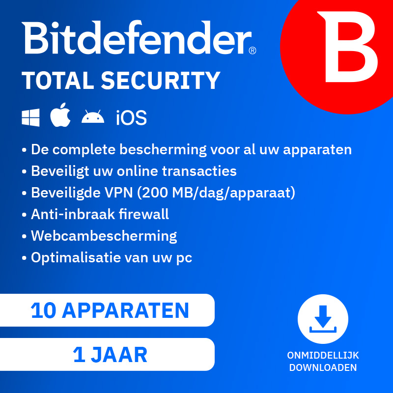 Bitdefender Total Security. Blauwe achtergrond met functies en een rood B-logo. Voor Windows, Mac, Android en iOS.