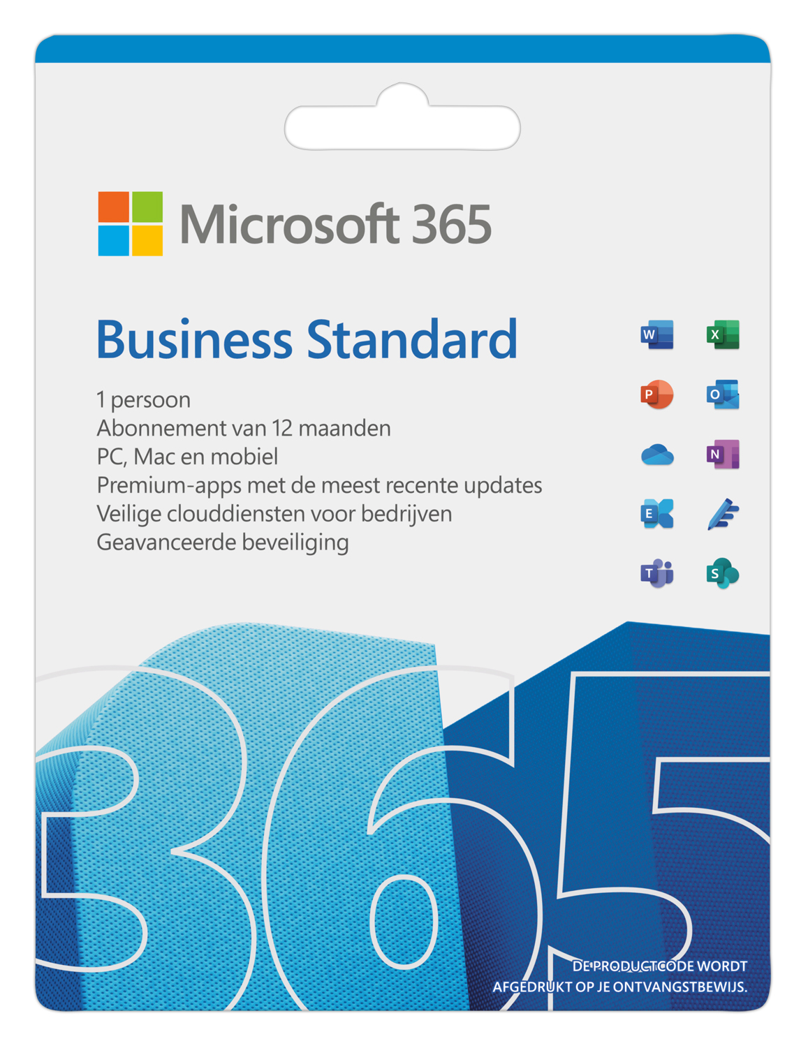 Microsoft 365 Business Standard productverpakking met logo's en tekst in het Nederlands. Pictogrammen zichtbaar.