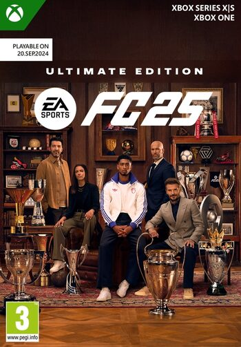 Couverture du jeu FC25 Ultimate Edition avec groupe de personnes et trophées dans une pièce avec meubles en bois.