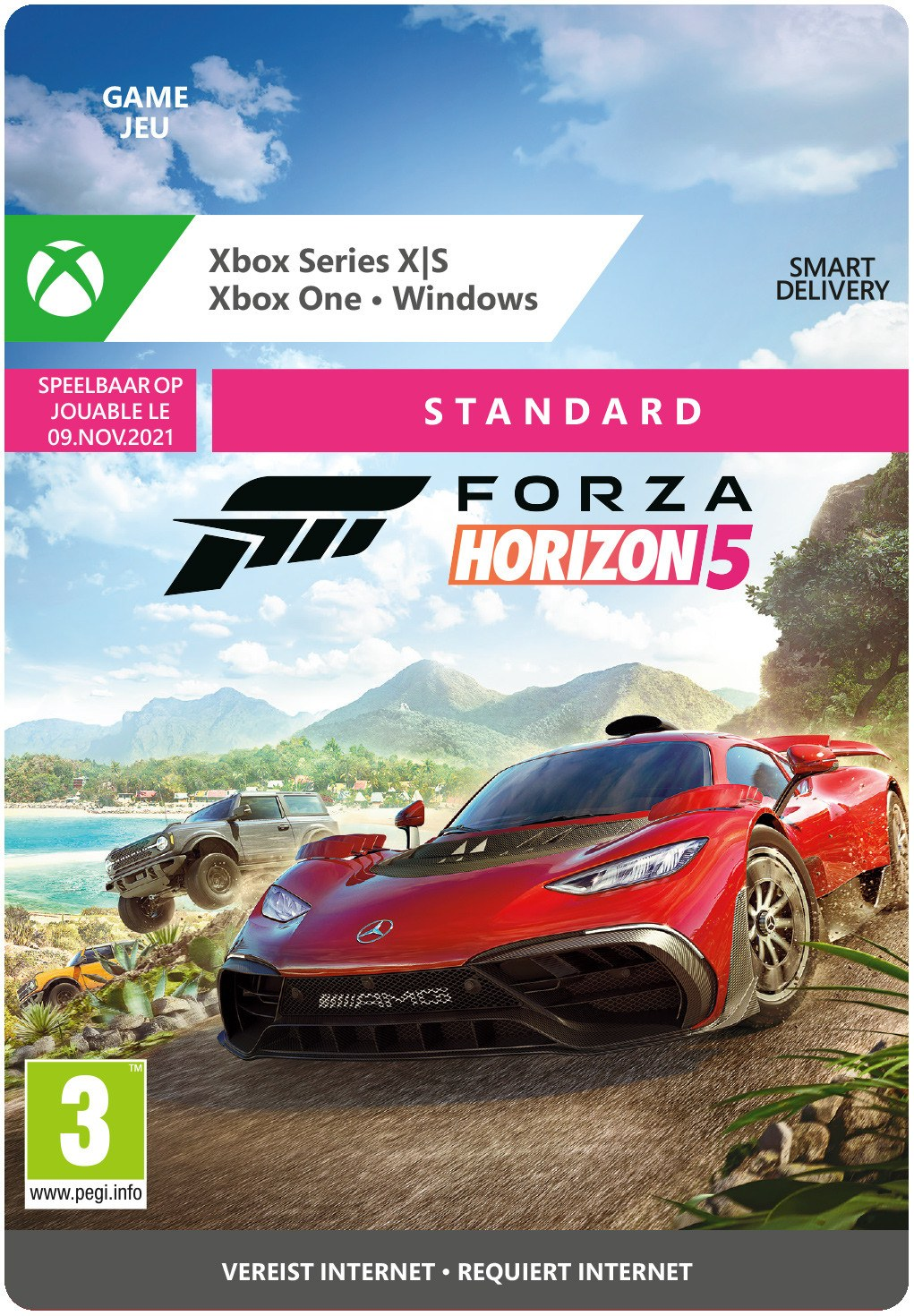 Couverture du jeu Forza Horizon 5. Voiture de sport rouge sur chemin de terre, montagnes et ciel bleu.