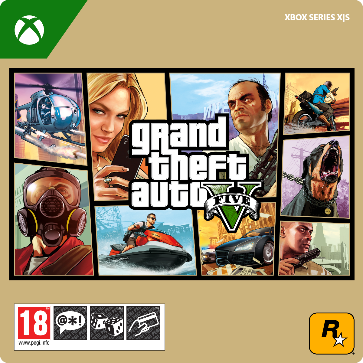 Couverture du jeu Grand Theft Auto V. Collage d'images avec personnages, véhicules et scènes d'action.