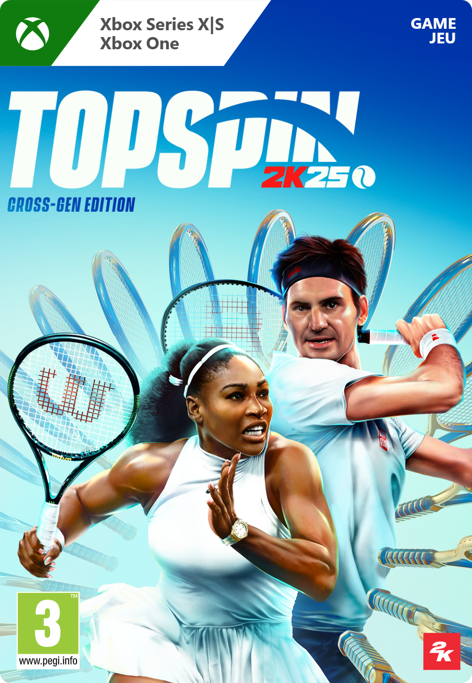 Game-omslag, Serena Williams en Roger Federer spelen tennis. De titel is TopSpin 2K25.