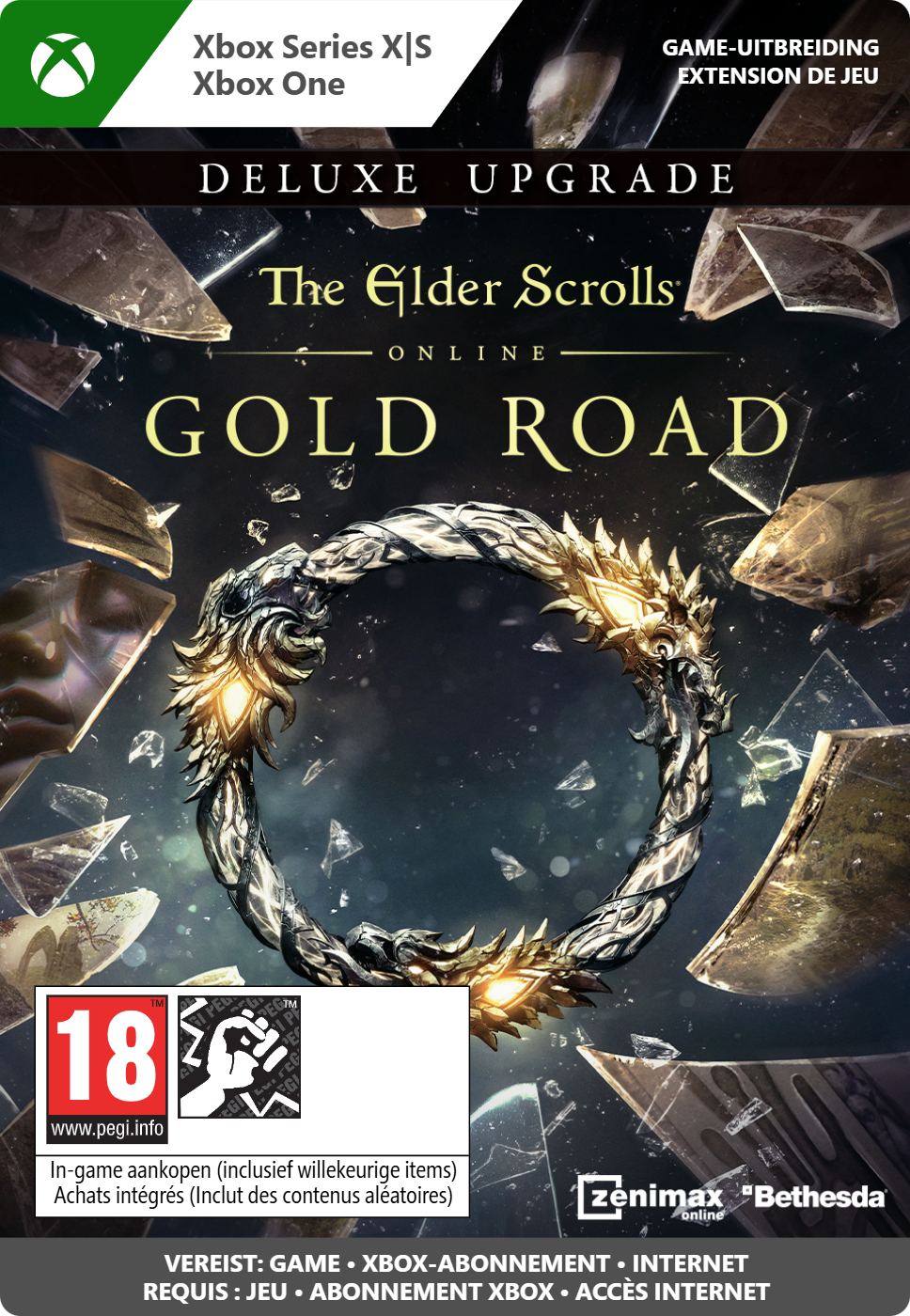 Gamecover: The Elder Scrolls Online Gold Road, Deluxe Upgrade, met logo en gouden ring.