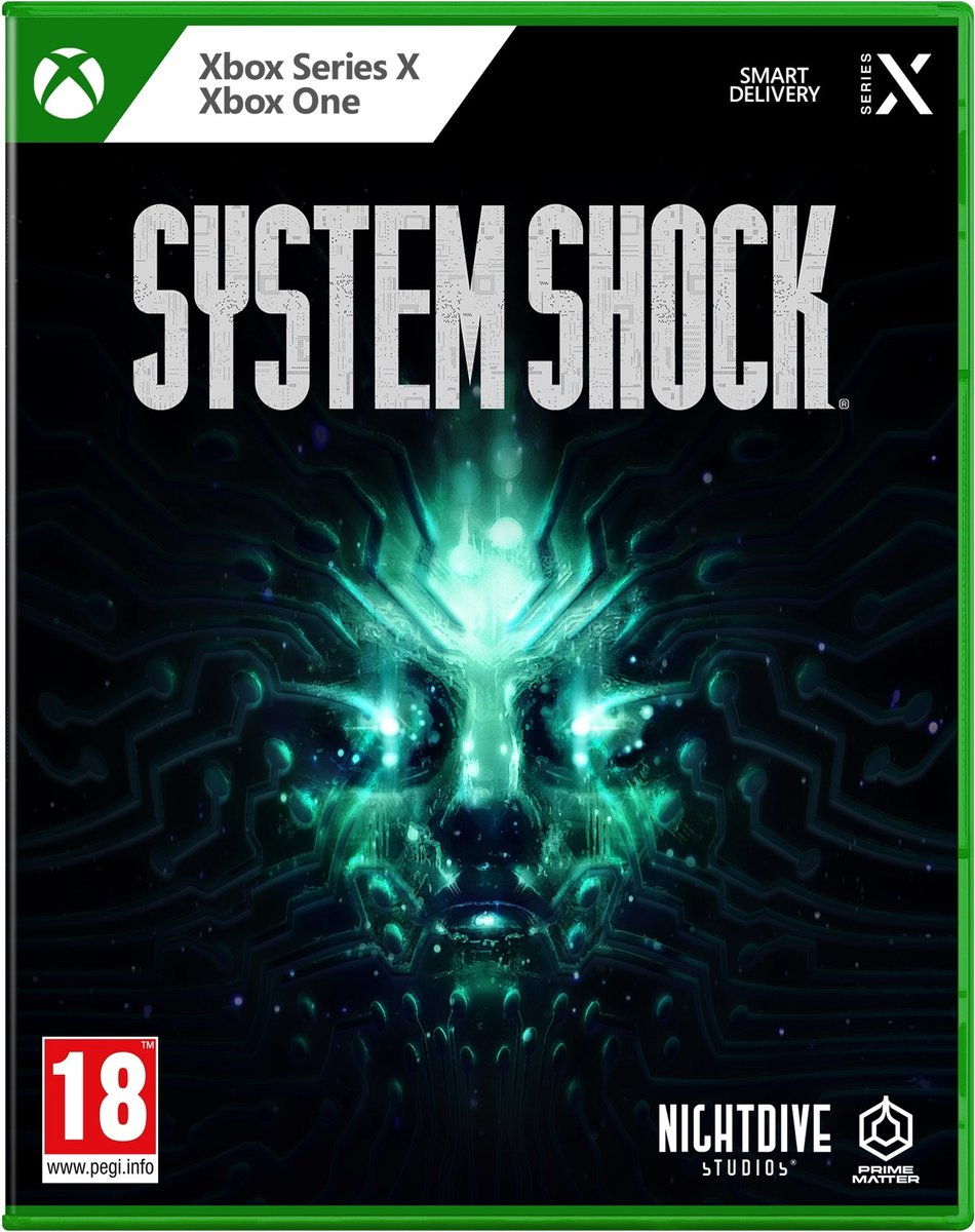 Gamecover: System Shock, groen en zwart ontwerp met gezicht in het midden.