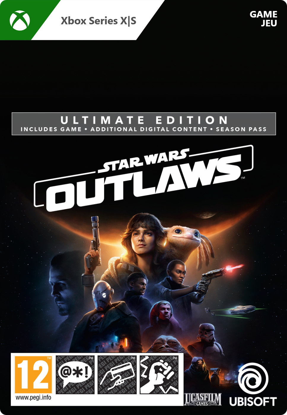 Game cover: Star Wars Outlaws, featuring a woman with a blaster, title 'Star Wars Outlaws', Ultimate Edition.