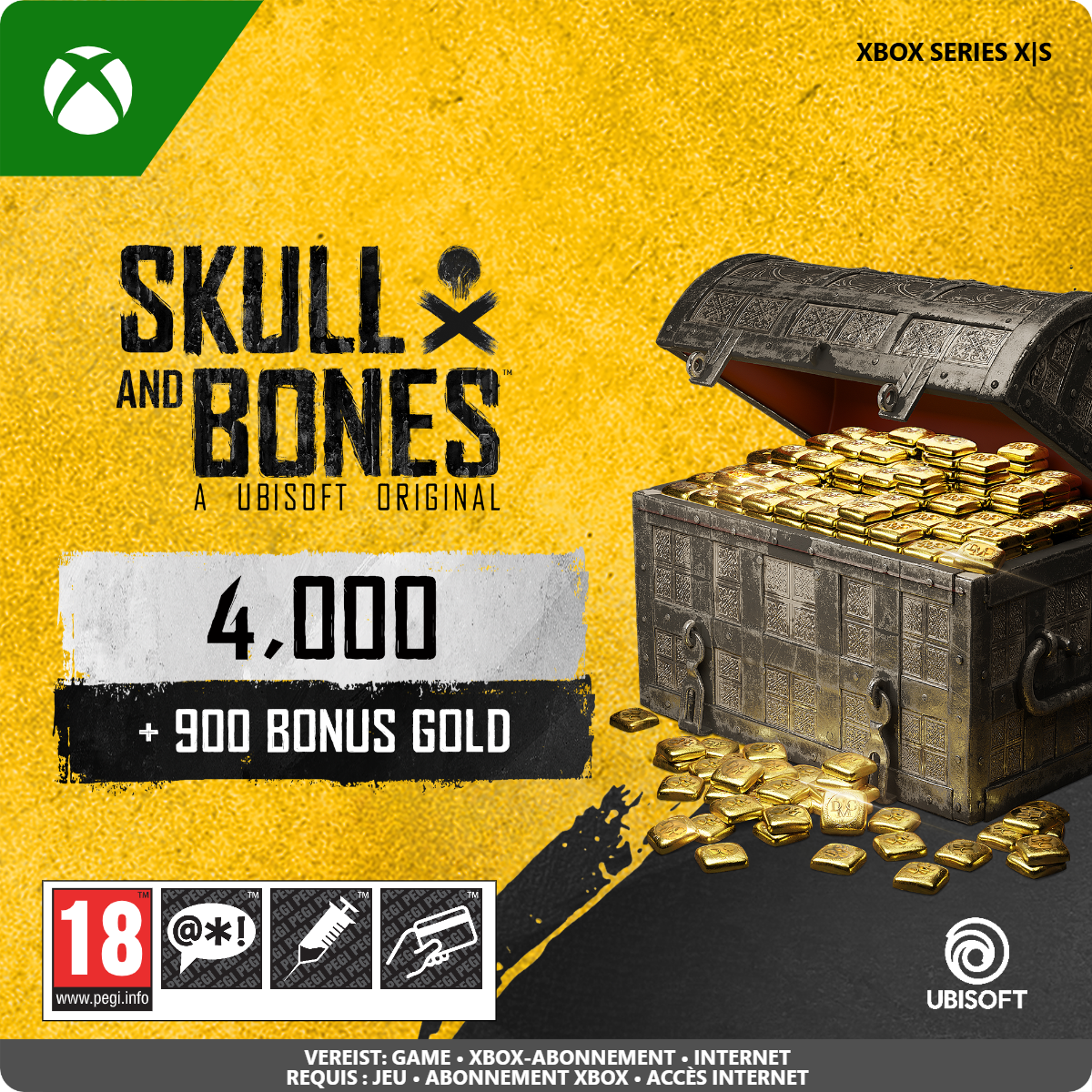 Skull and Bones gamecover met een schatkist vol gouden munten.