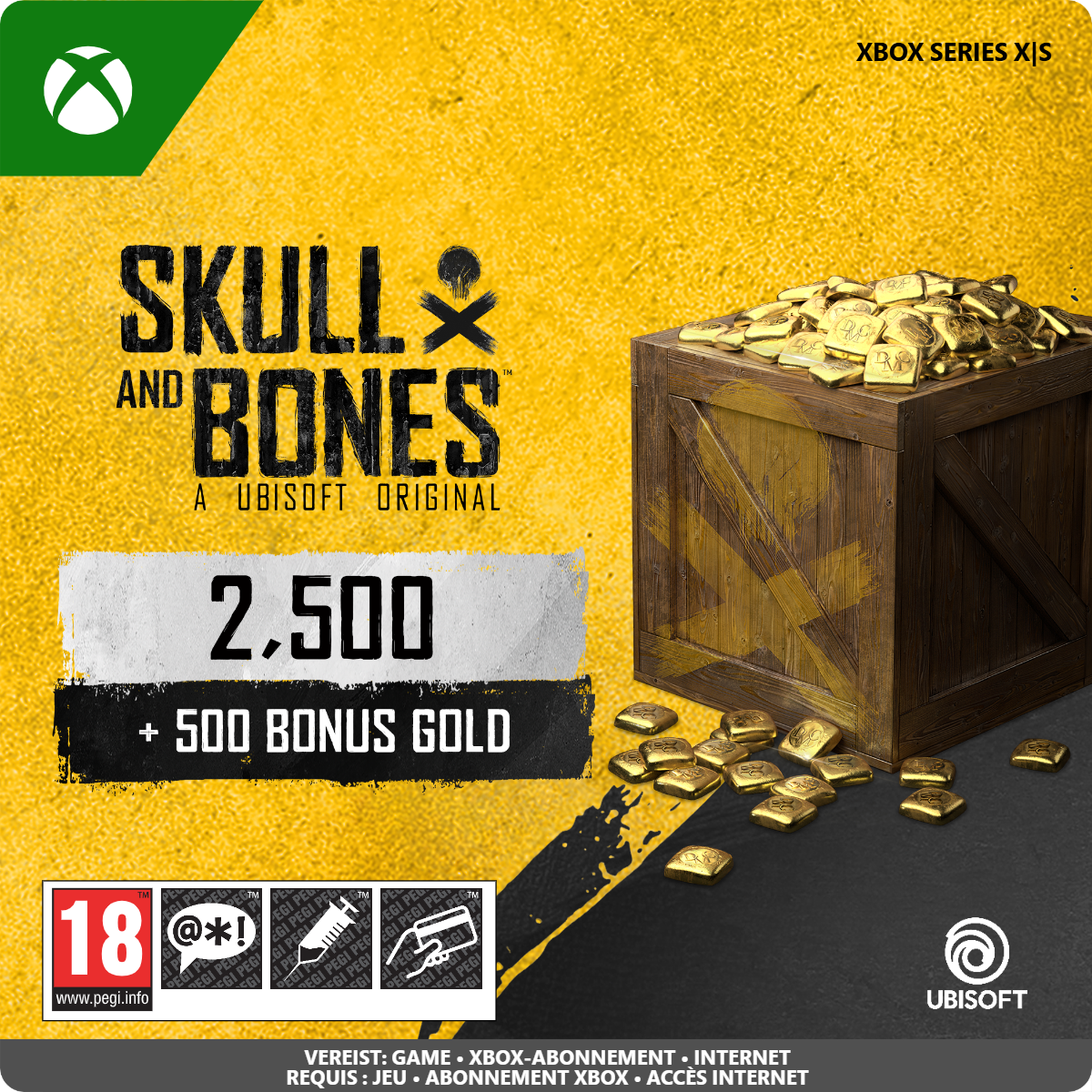 Skull and Bones gamecover met een houten kist vol gouden munten.