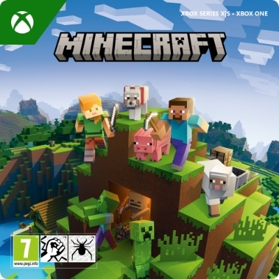 Minecraft gamecover met karakters, waaronder Steve, Alex en verschillende dieren.