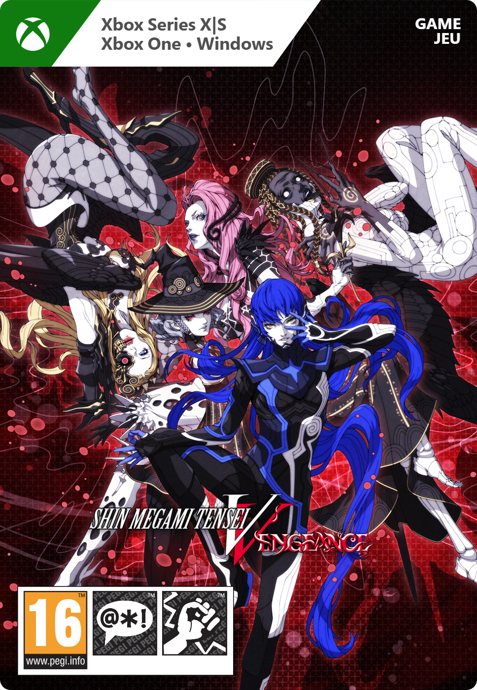 Jaquette du jeu Shin Megami Tensei V: Vengeance avec plusieurs personnages et un fond rouge.