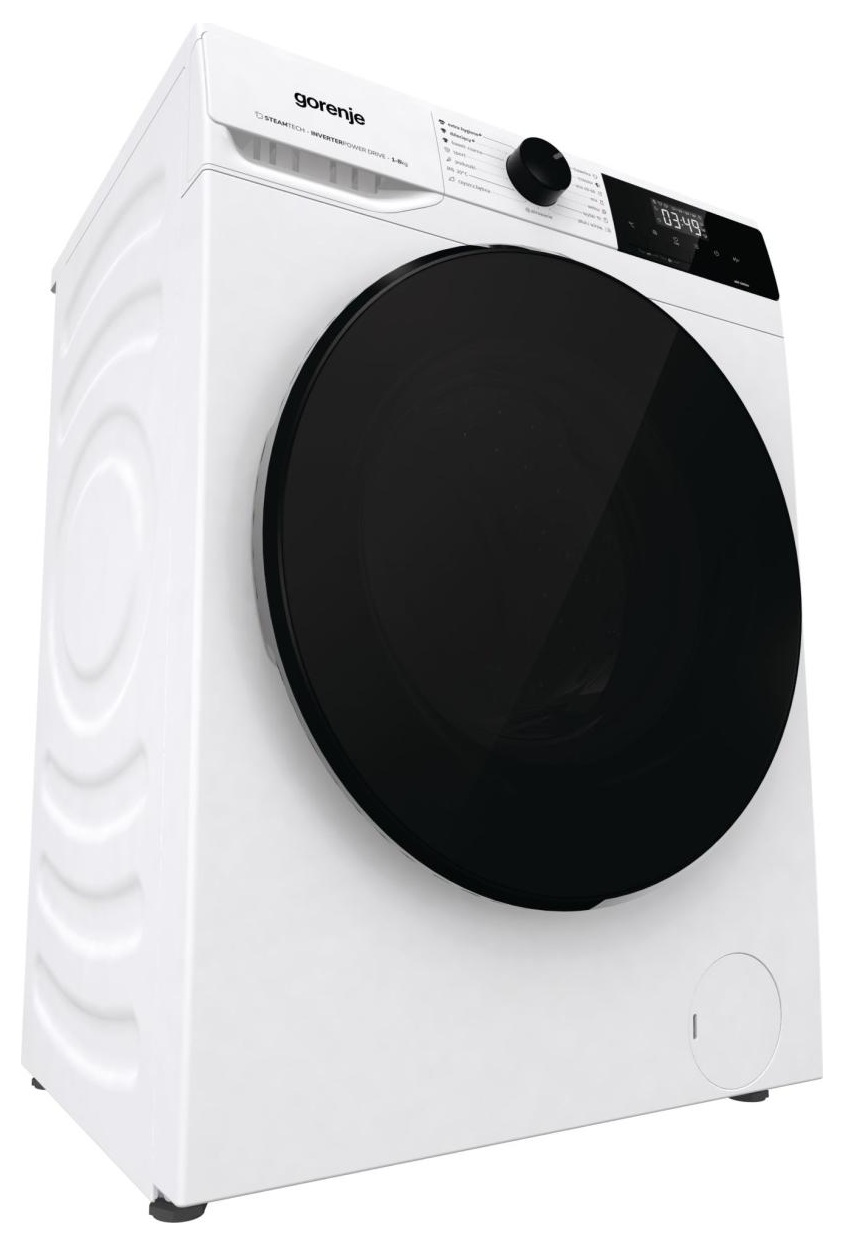 Biała pralka, widok z boku, z czarnymi drzwiami i panelem sterowania.