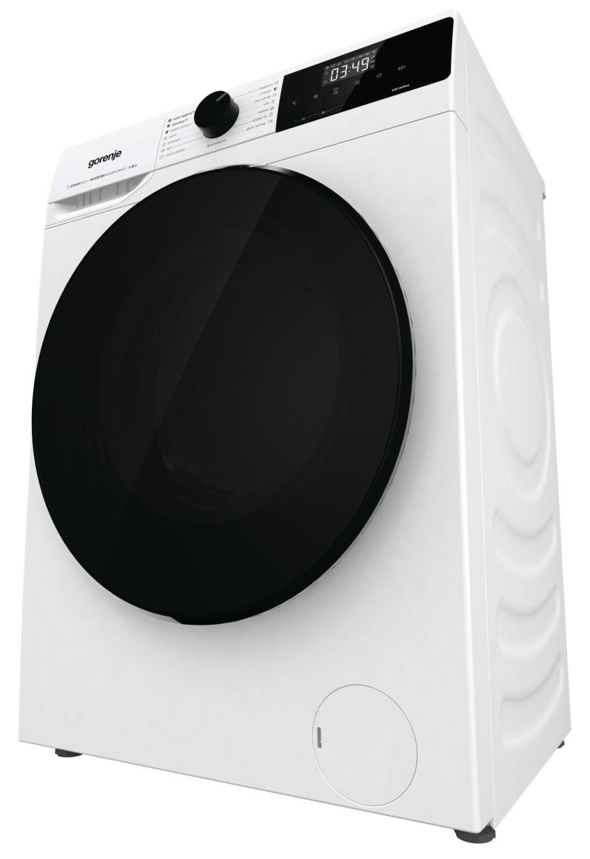 Biała pralka, widok z boku, z czarnymi drzwiami i panelem sterowania.