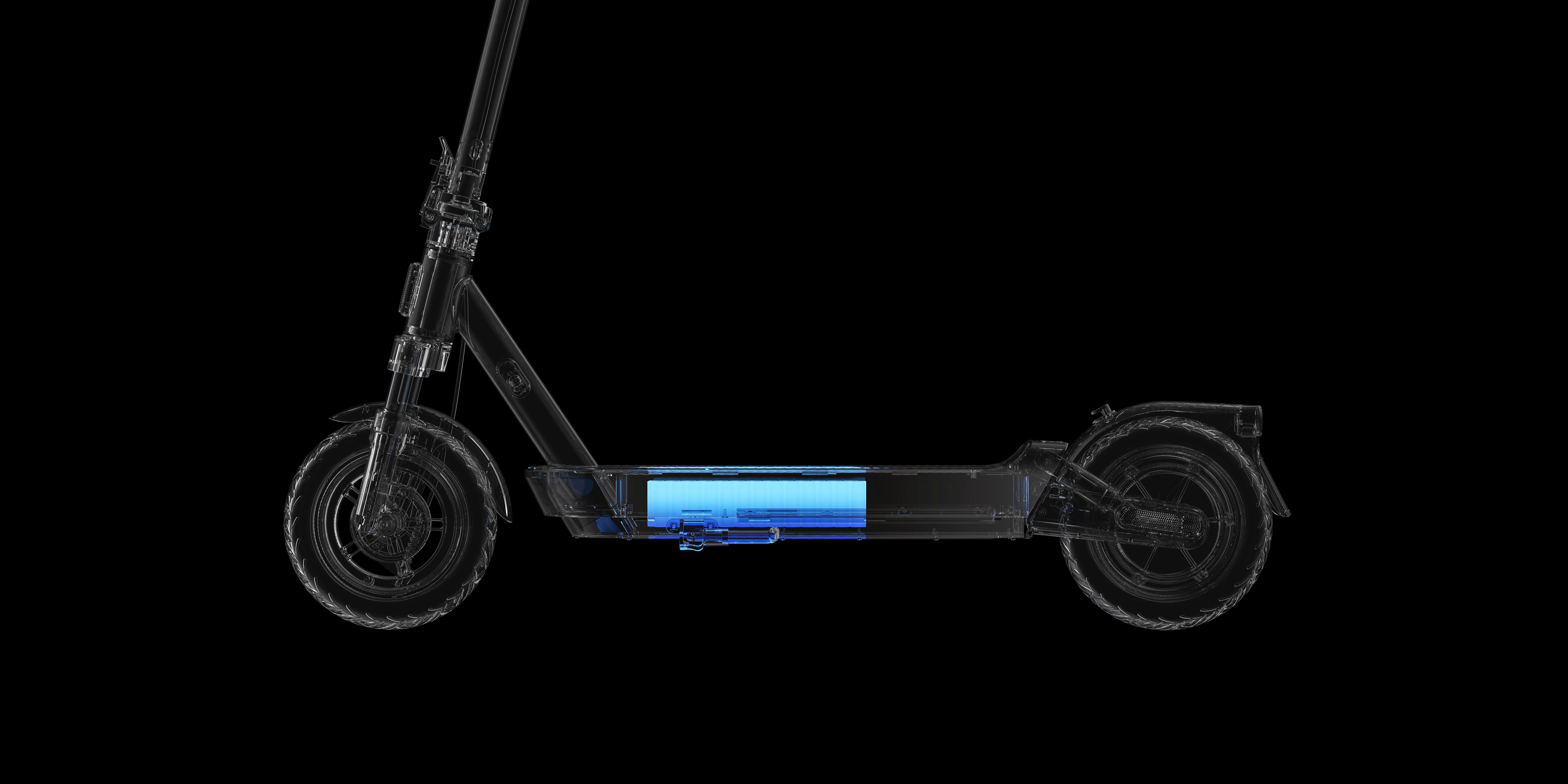 Elektroroller, Schnittansicht. Batterie blau dargestellt, Innenstruktur sichtbar.