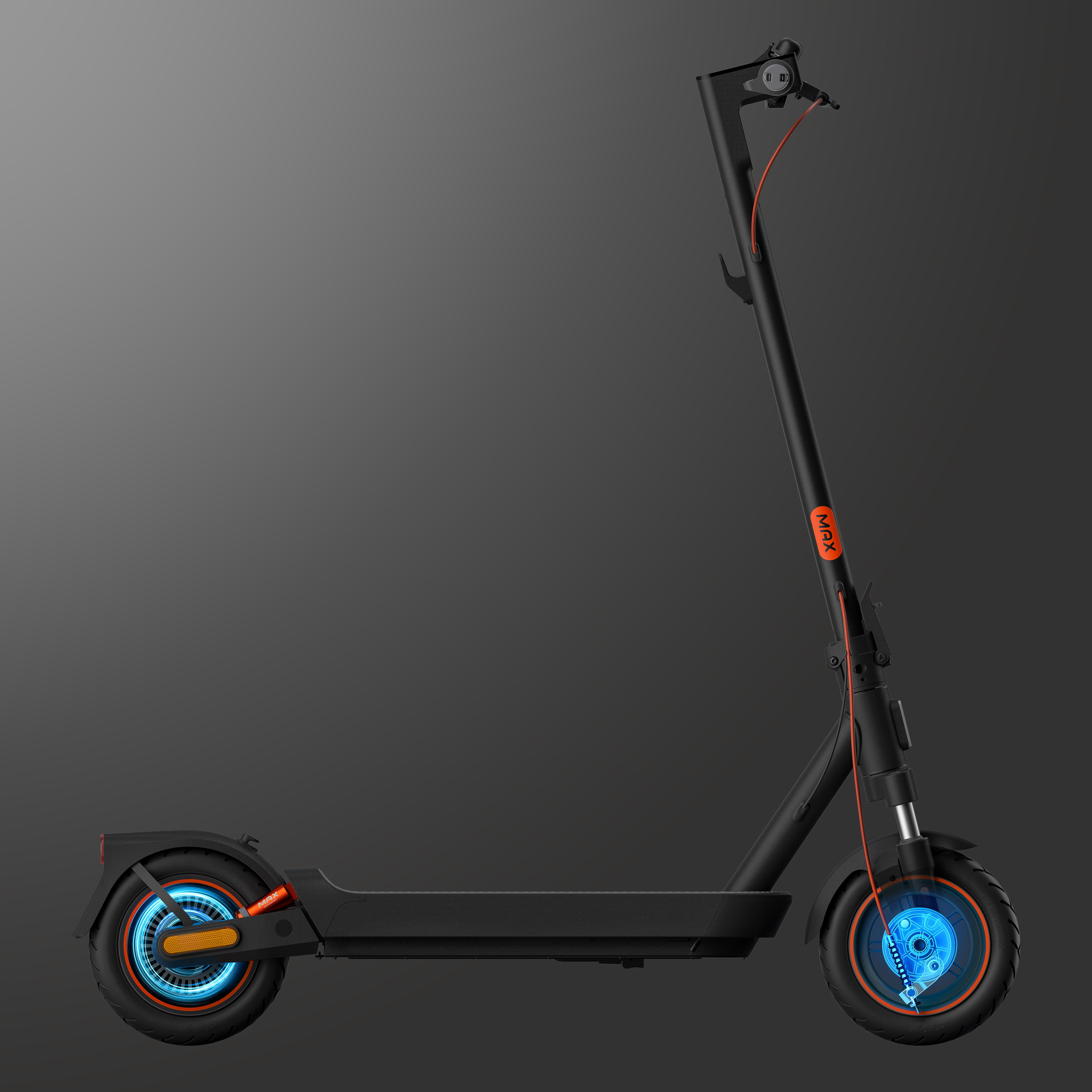 Schwarzer Elektroroller auf Grau. Orange Akzente. Blaue Lichter an Rädern. Lenker mit orangefarbenem Kabel.