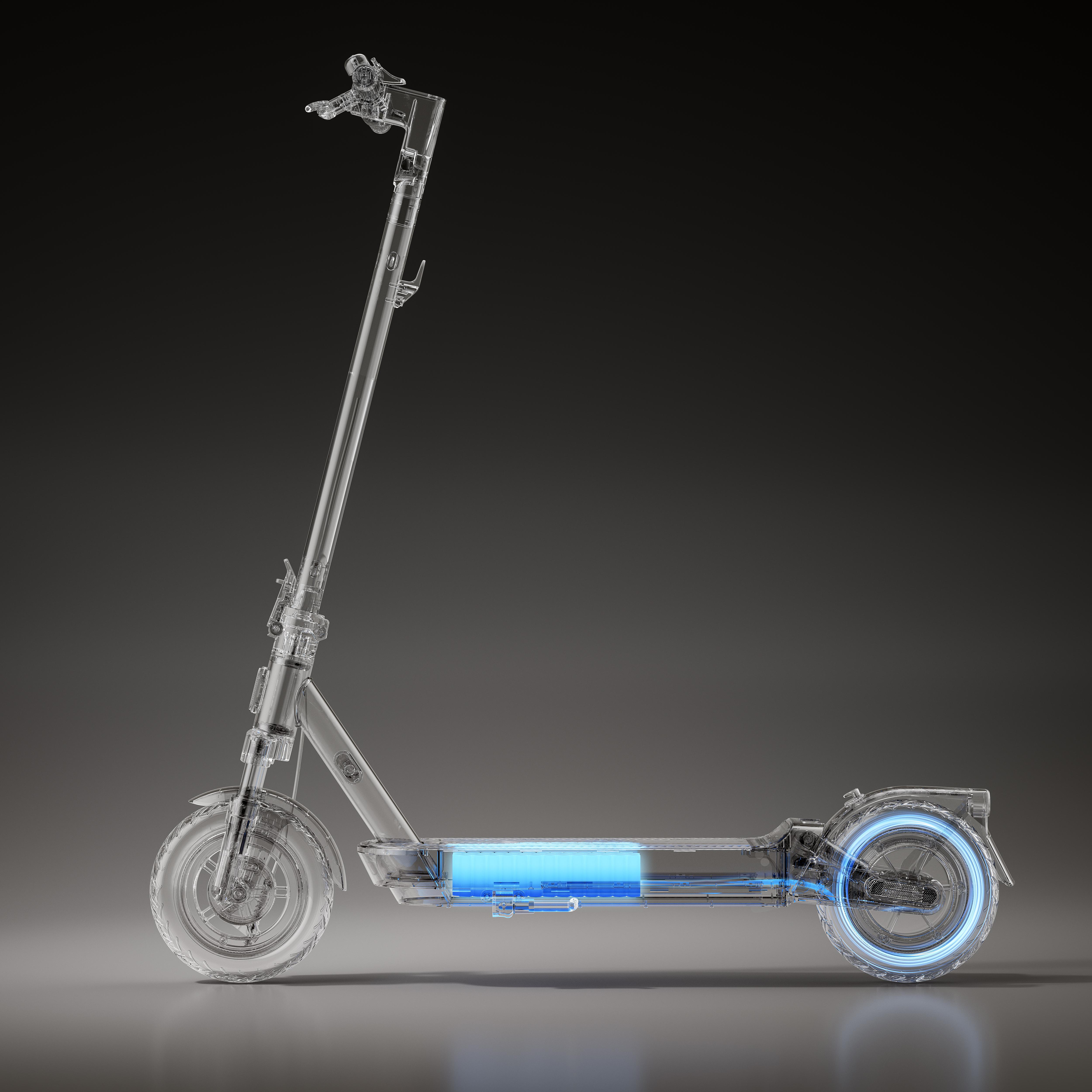 Transparenter Elektroroller mit hervorgehobenen Komponenten. Blauer Schein um Akku und Räder. Grauer Hintergrund.