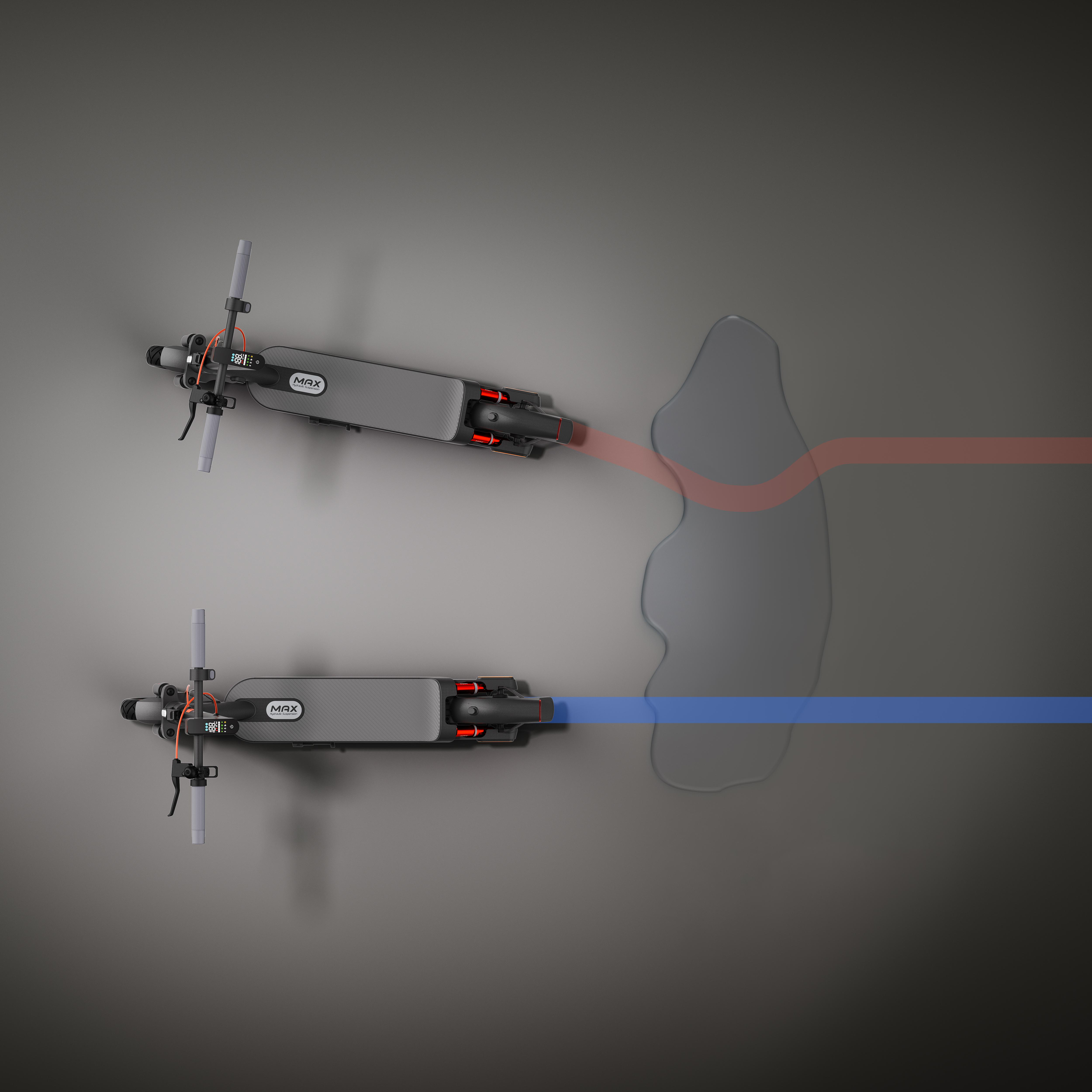 Zwei Elektroroller von oben. Graue Roller mit roten und blauen Flüssigkeitsspuren. Dunkelgrauer Hintergrund.