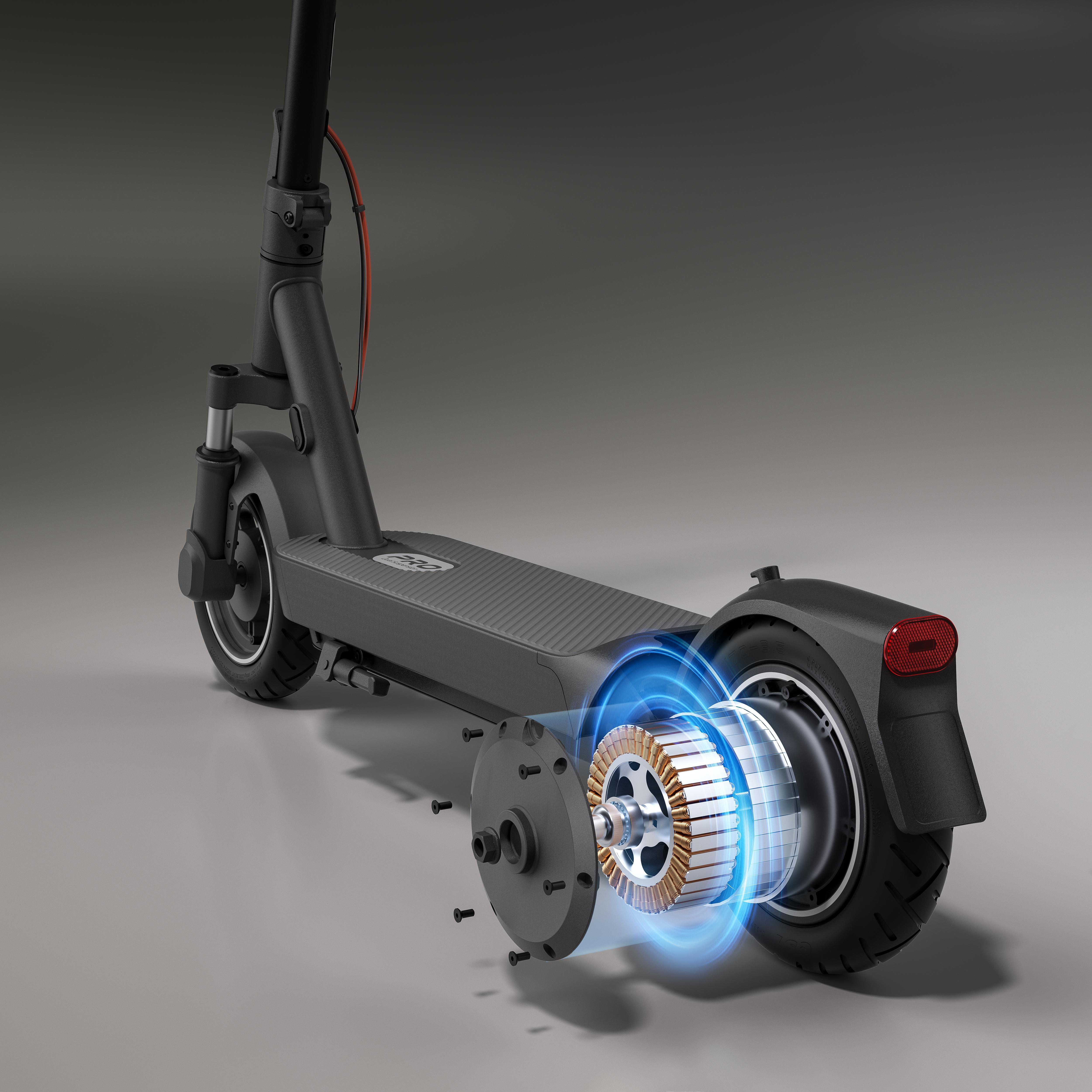Elektroroller mit Explosionsdarstellung von Motor und Rädern.