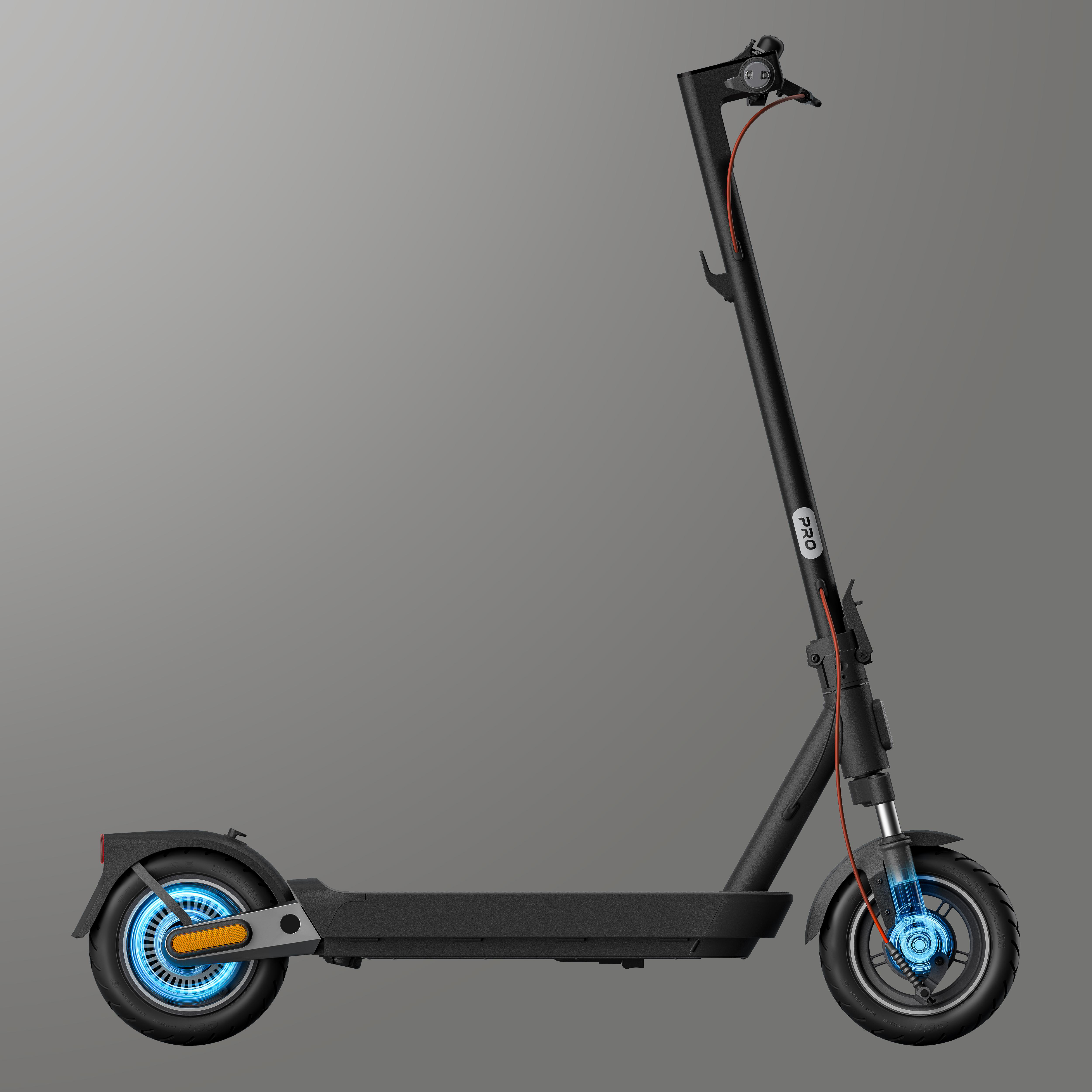 Schwarzer Elektroroller mit blau leuchtenden Radakzenten auf grauem Hintergrund.