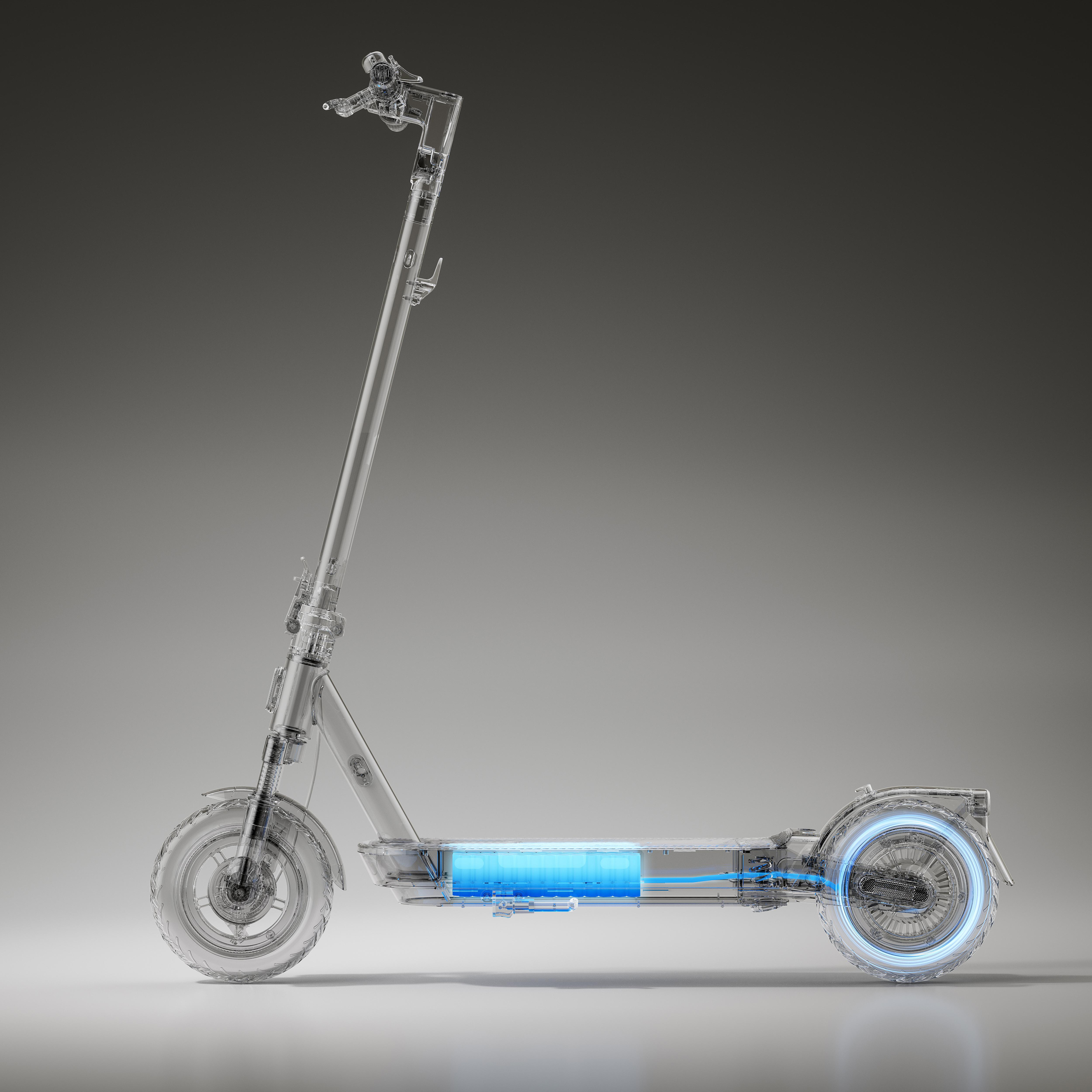 Transparente Umrisse eines Elektrorollers, mit blauen Batterie- und Raddetails.