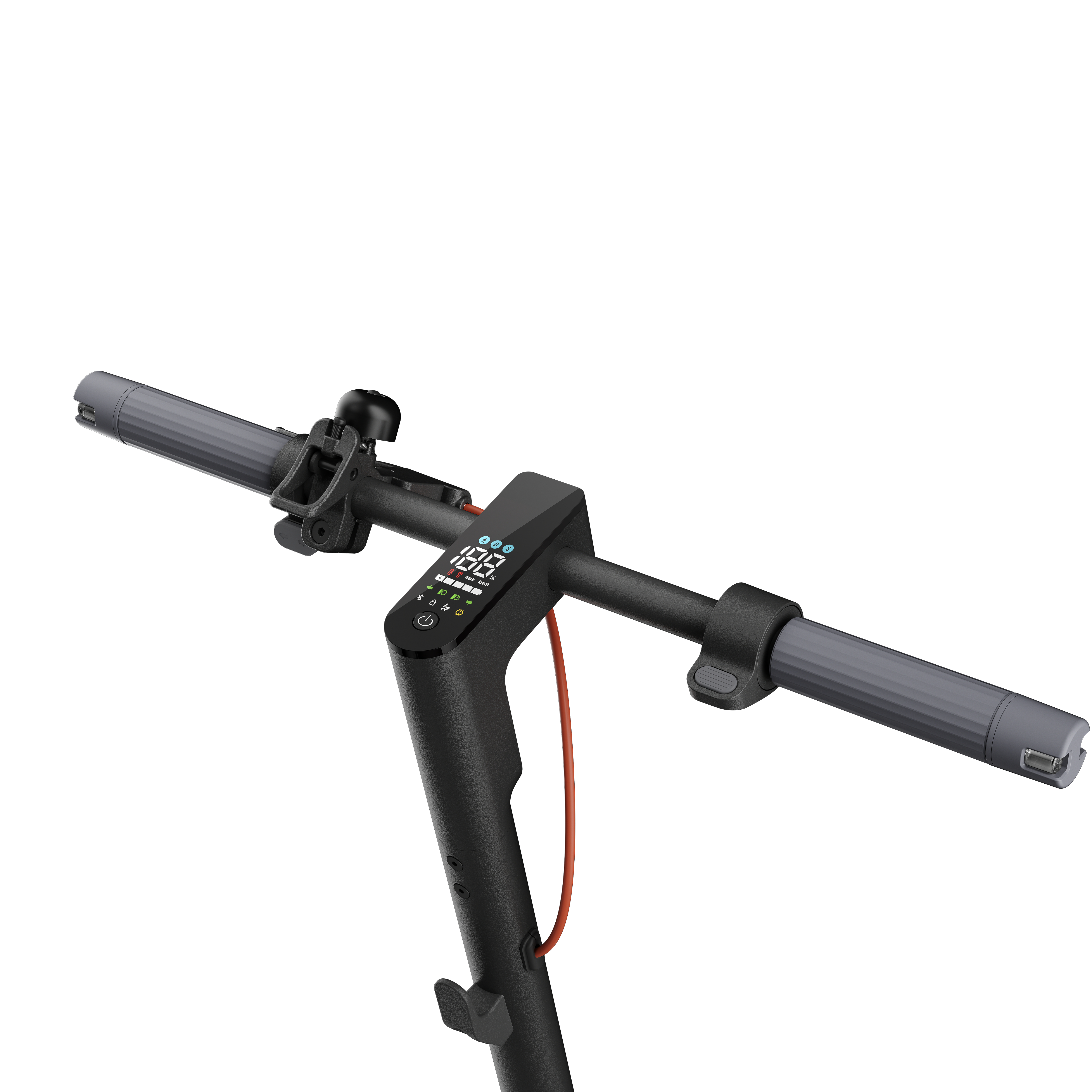 Nahaufnahme eines E-Scooter-Lenkers. Anzeigen umfassen Geschwindigkeit und Akku. Graue Griffe, rotes Kabel.
