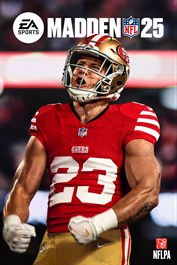 Jaquette du jeu Madden NFL 25. Joueur de football américain en maillot rouge, casque blanc, rugissant.