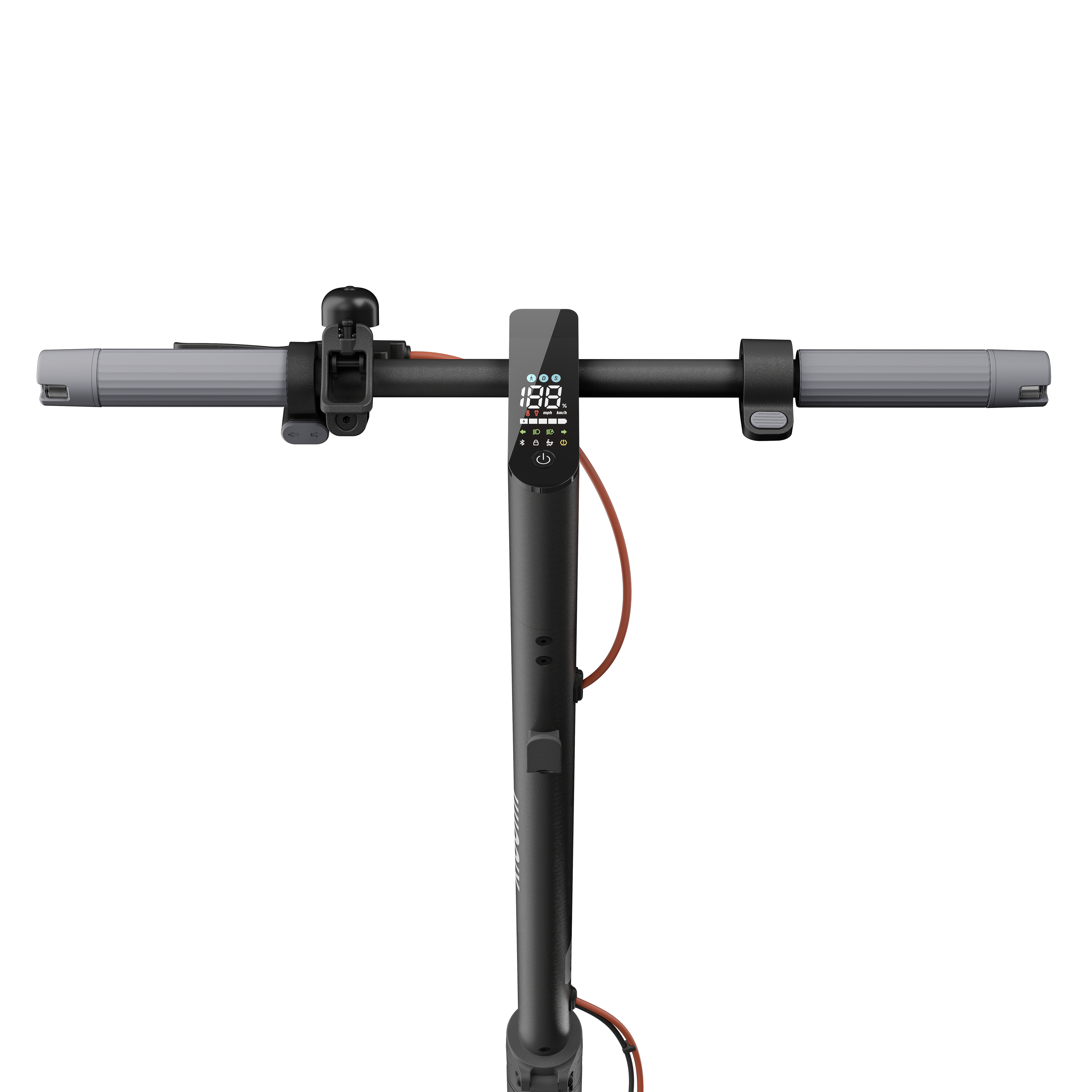 E-Scooter-Lenker-Nahaufnahme. Anzeigen zeigen Geschwindigkeit, Akku und andere Infos. Graue Griffe.