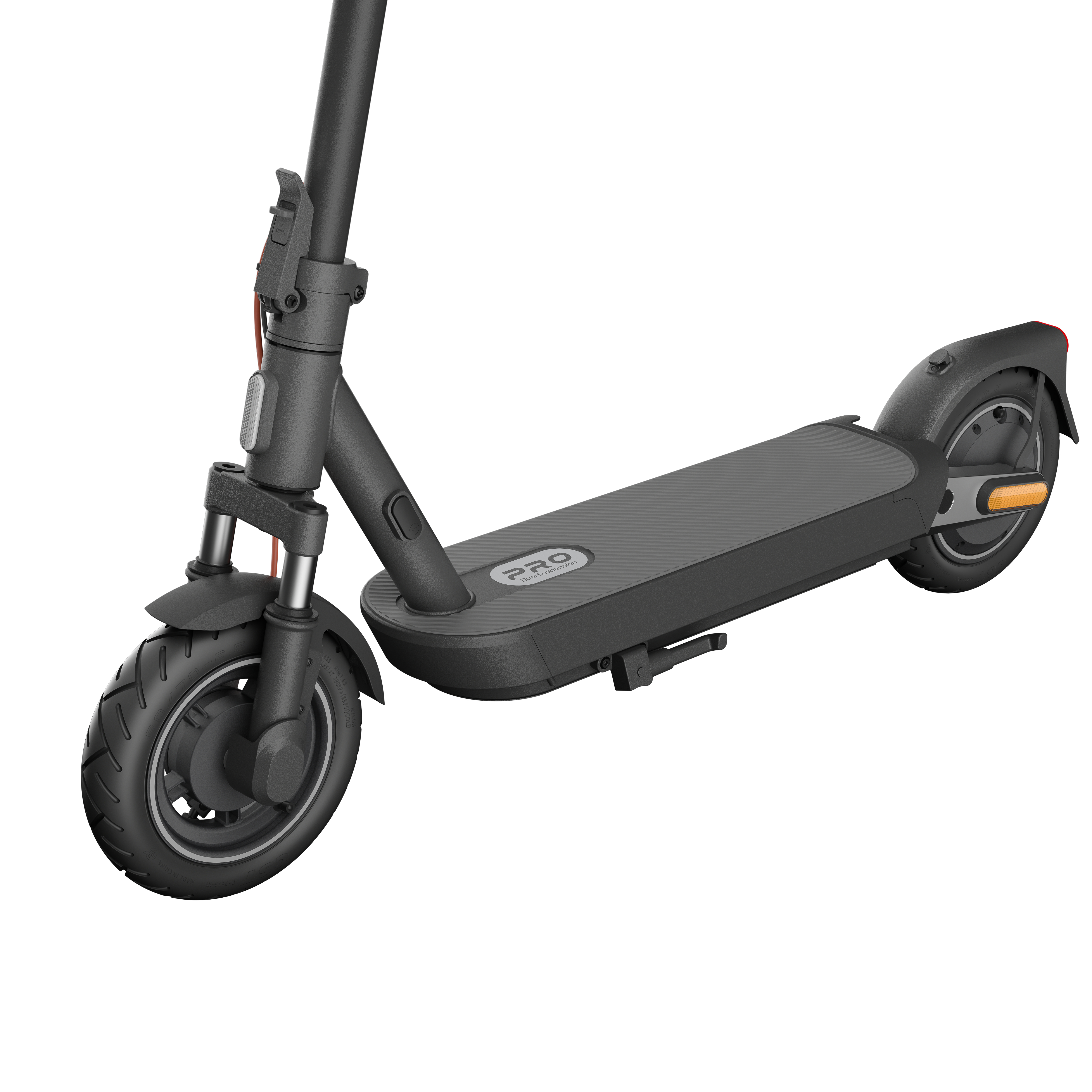 E-Scooter-Seitenansicht. Der Roller ist schwarz mit grauen Akzenten. PRO-Logo auf dem Deck.