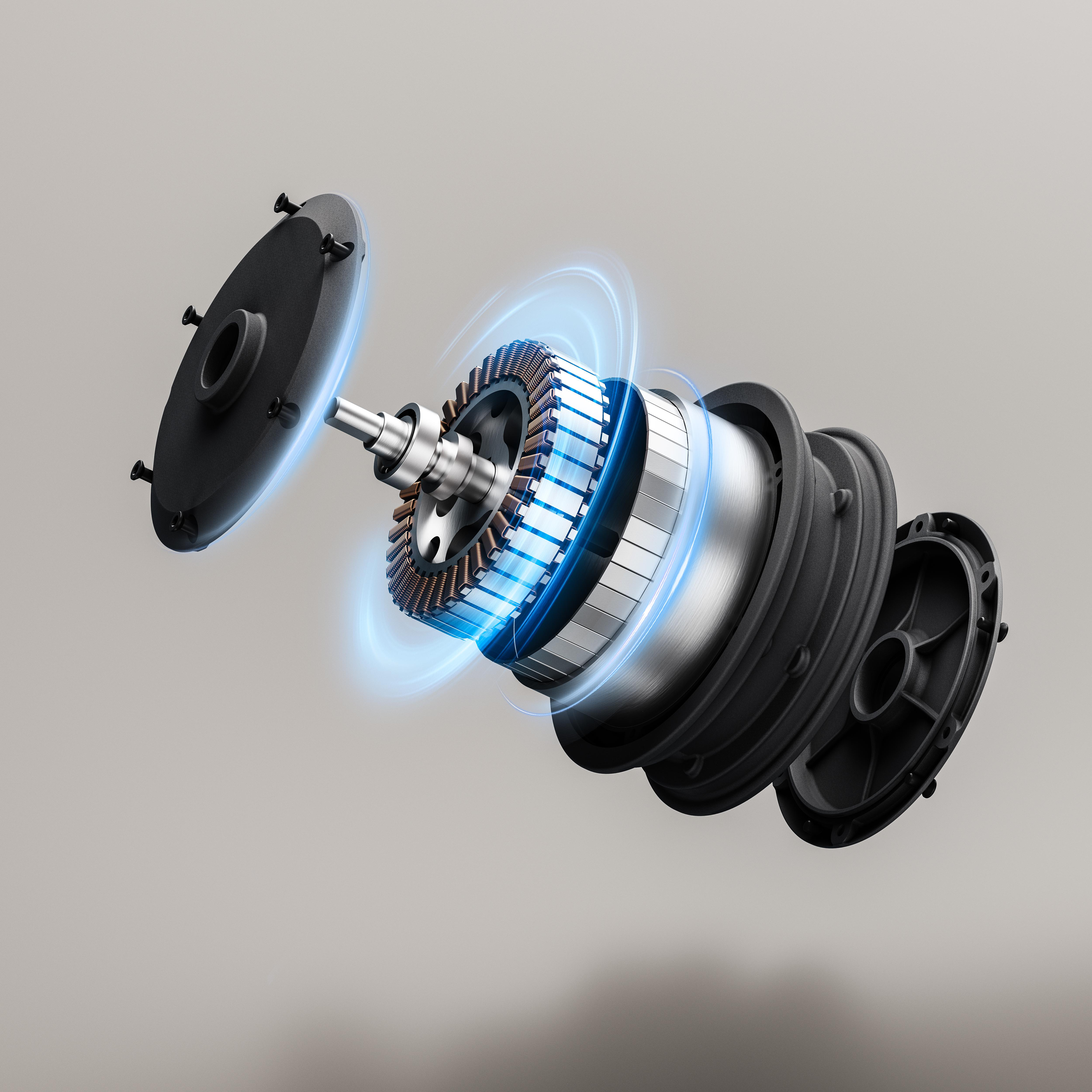 Explosionsansicht eines Rollermotors, mit inneren Komponenten und blauen Energie-Highlights.