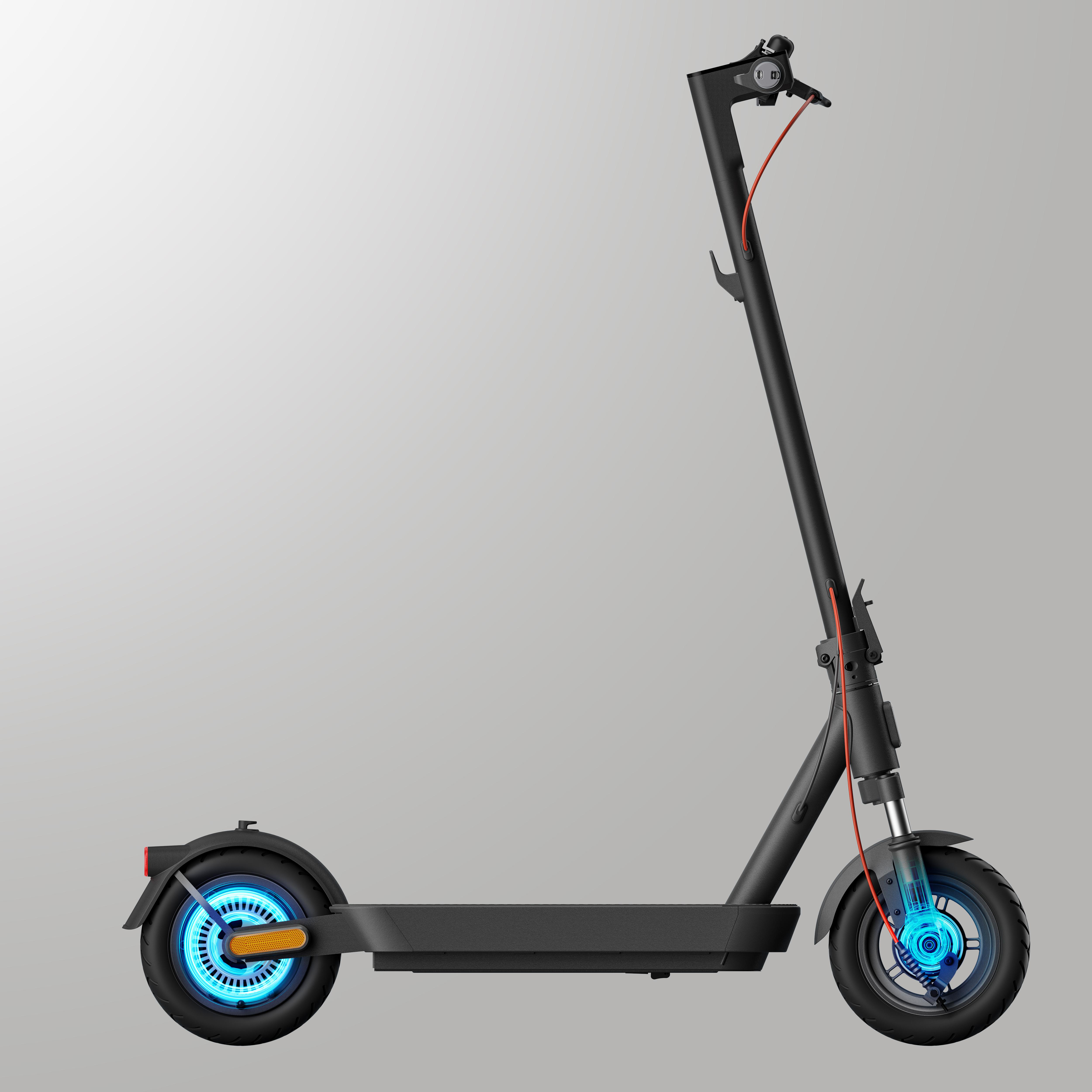 Schwarzer Roller mit blauen Lichtakzenten an den Rädern und rotem Kabel, auf Gradientenhintergrund.