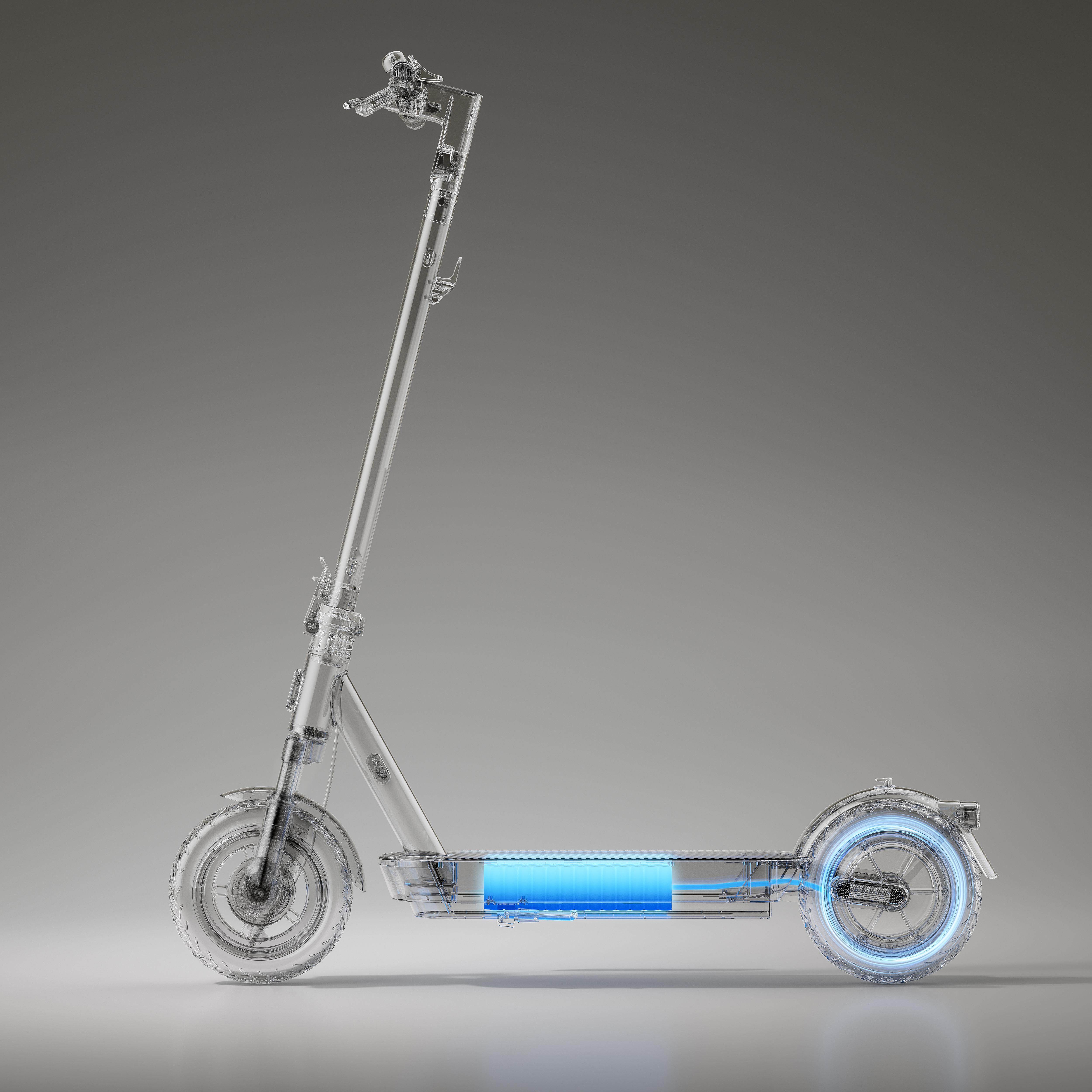 Transparenter Roller mit blauen Lichtakzenten an Rad und Batterie, vor Gradientenhintergrund.
