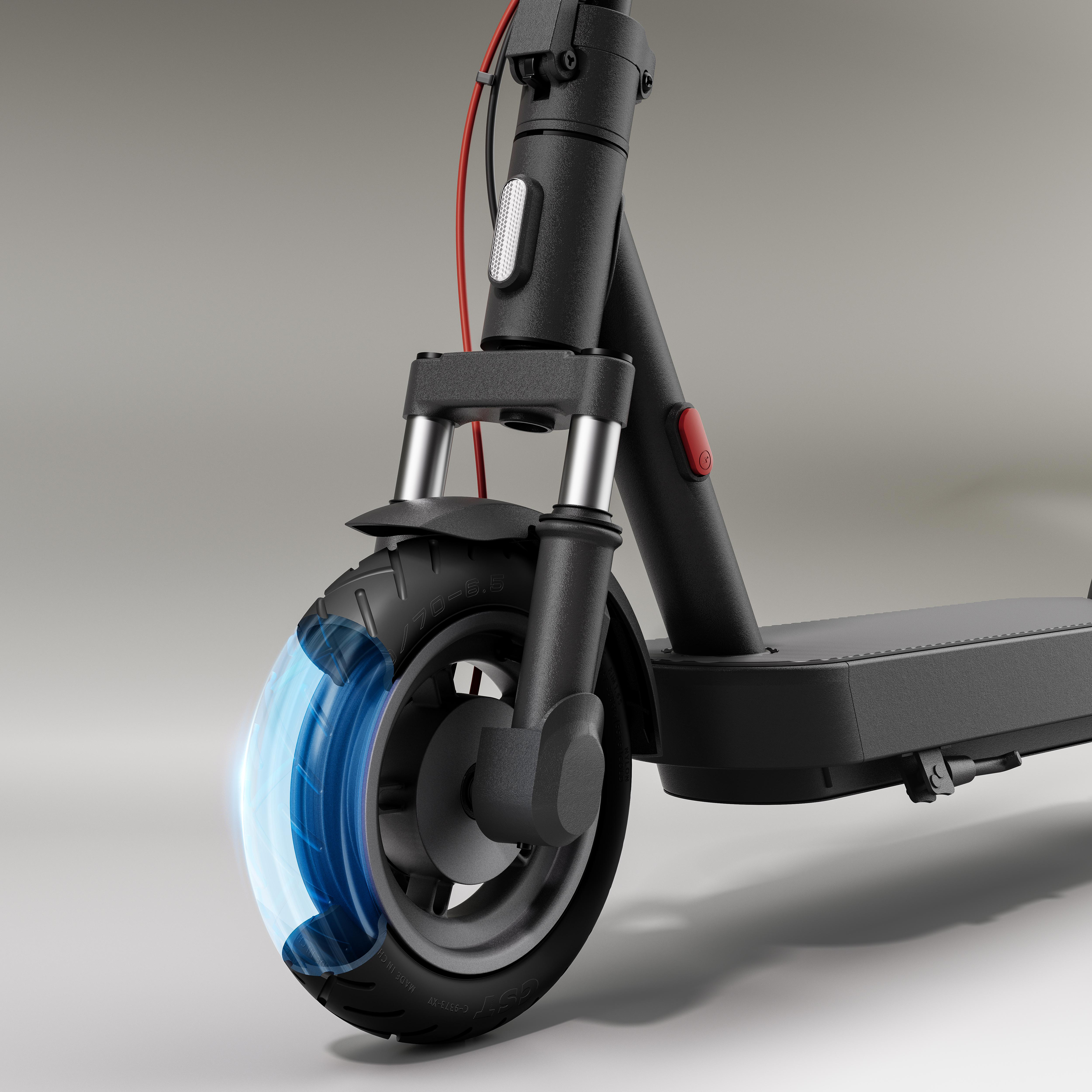 Nahaufnahme des Roller-Rads mit blauen Highlights, die innere Komponenten zeigen, auf Gradient.