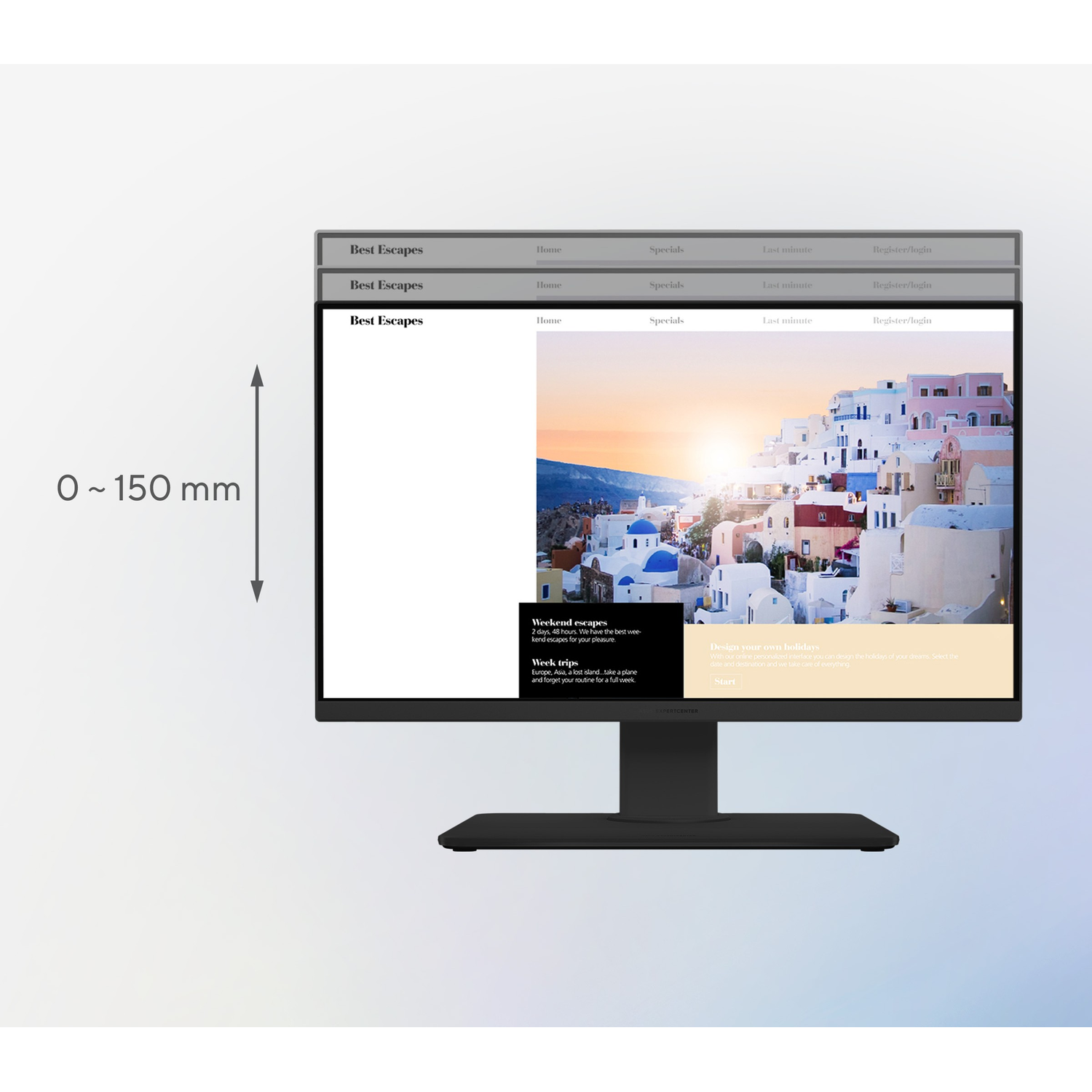 Zwarte computermonitor met webpagina, witte achtergrond en donkere onderste rand.