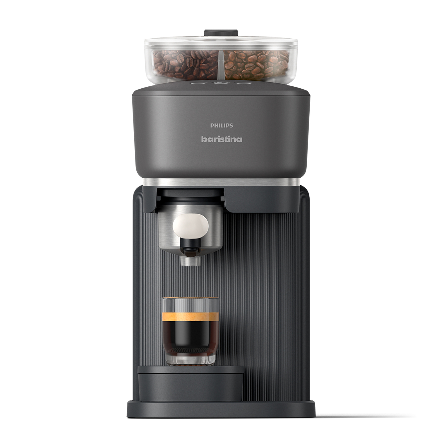 Espresso machine, gray and black. It has a coffee bean container and a glass with espresso.
